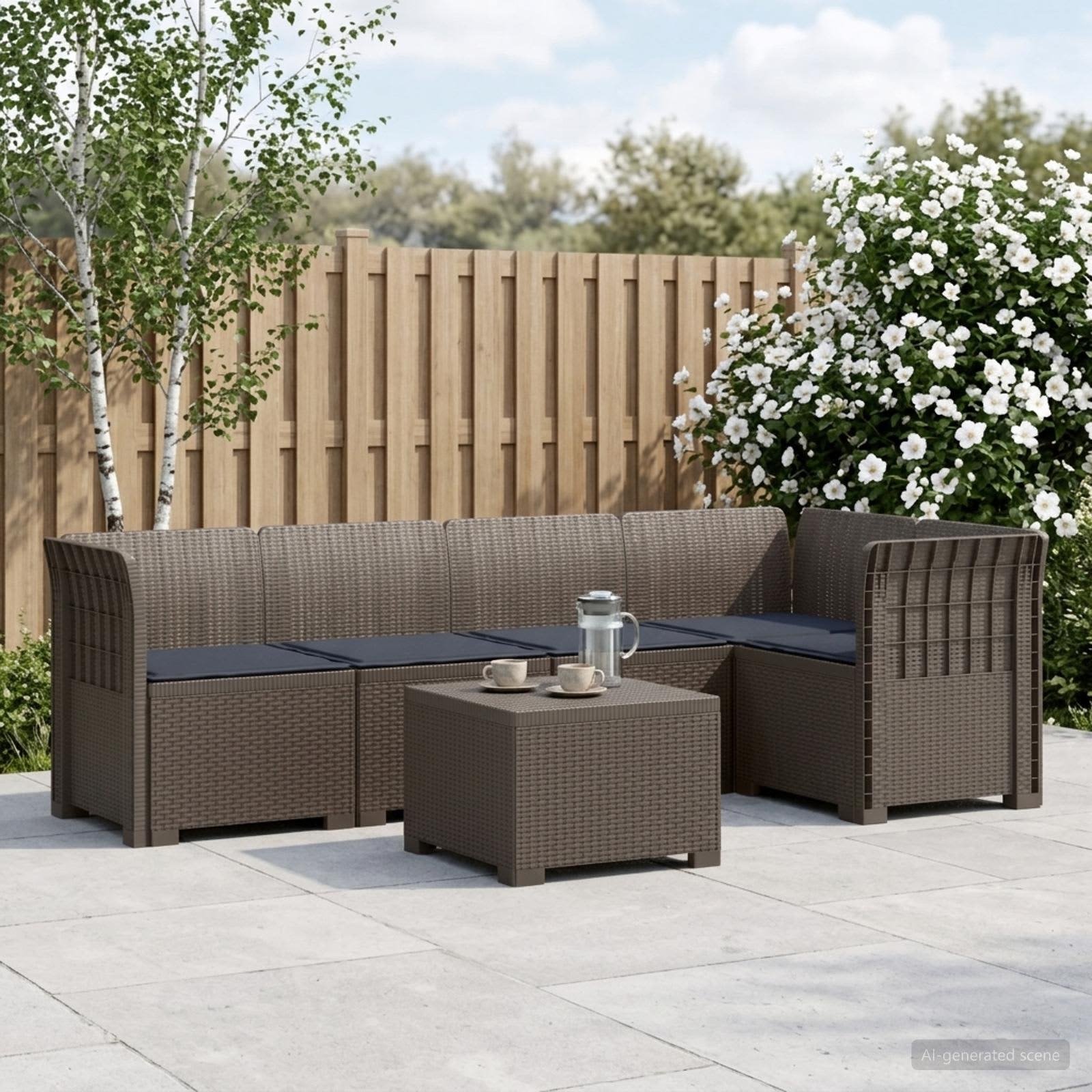 5-Sitzer Gartensofa mit Kissen Rattan-Look PP Hellgrau