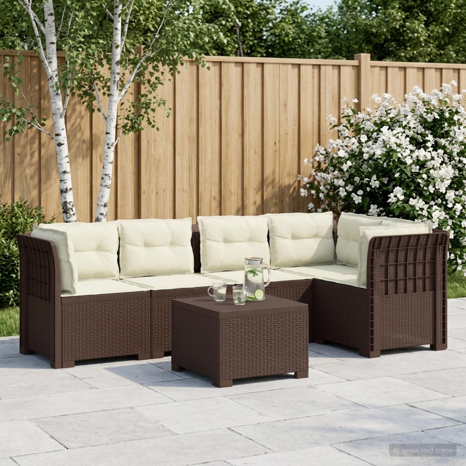 5-Sitzer Gartensofa mit Kissen Rattan-Look PP Braun