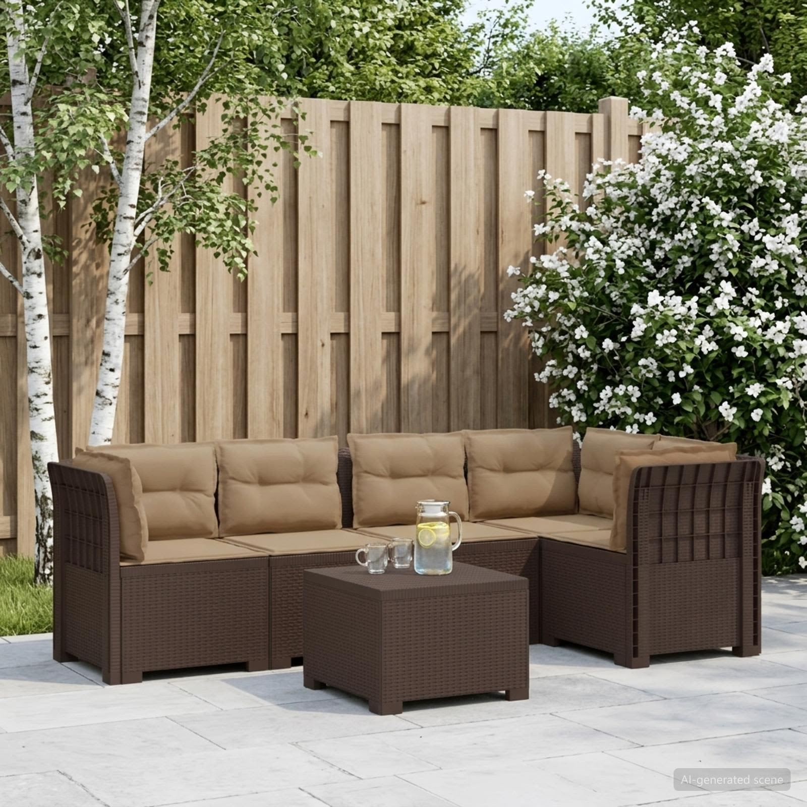 5-Sitzer Gartensofa mit Kissen Rattan-Look PP Braun