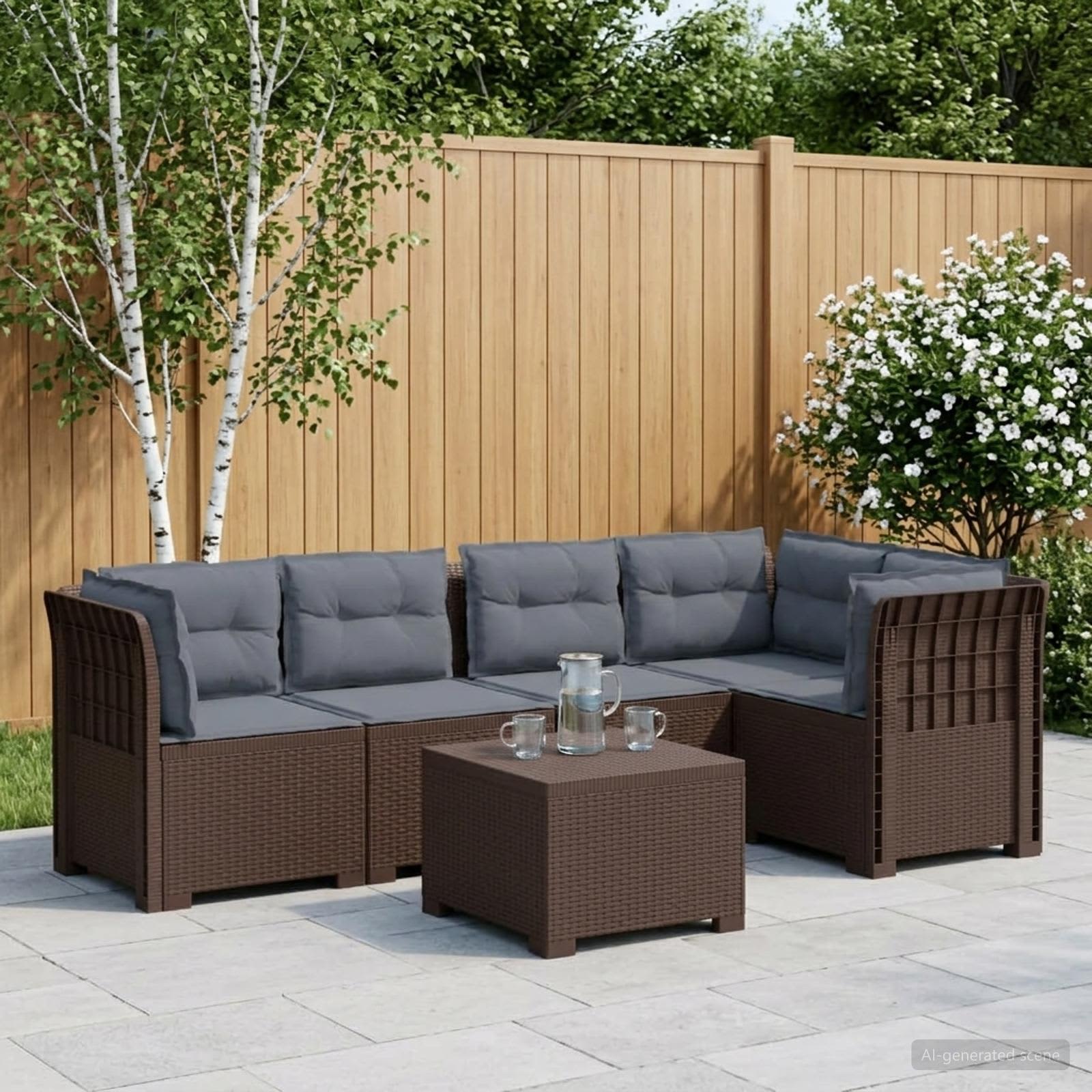 5-Sitzer Gartensofa mit Kissen Rattan-Look PP Braun