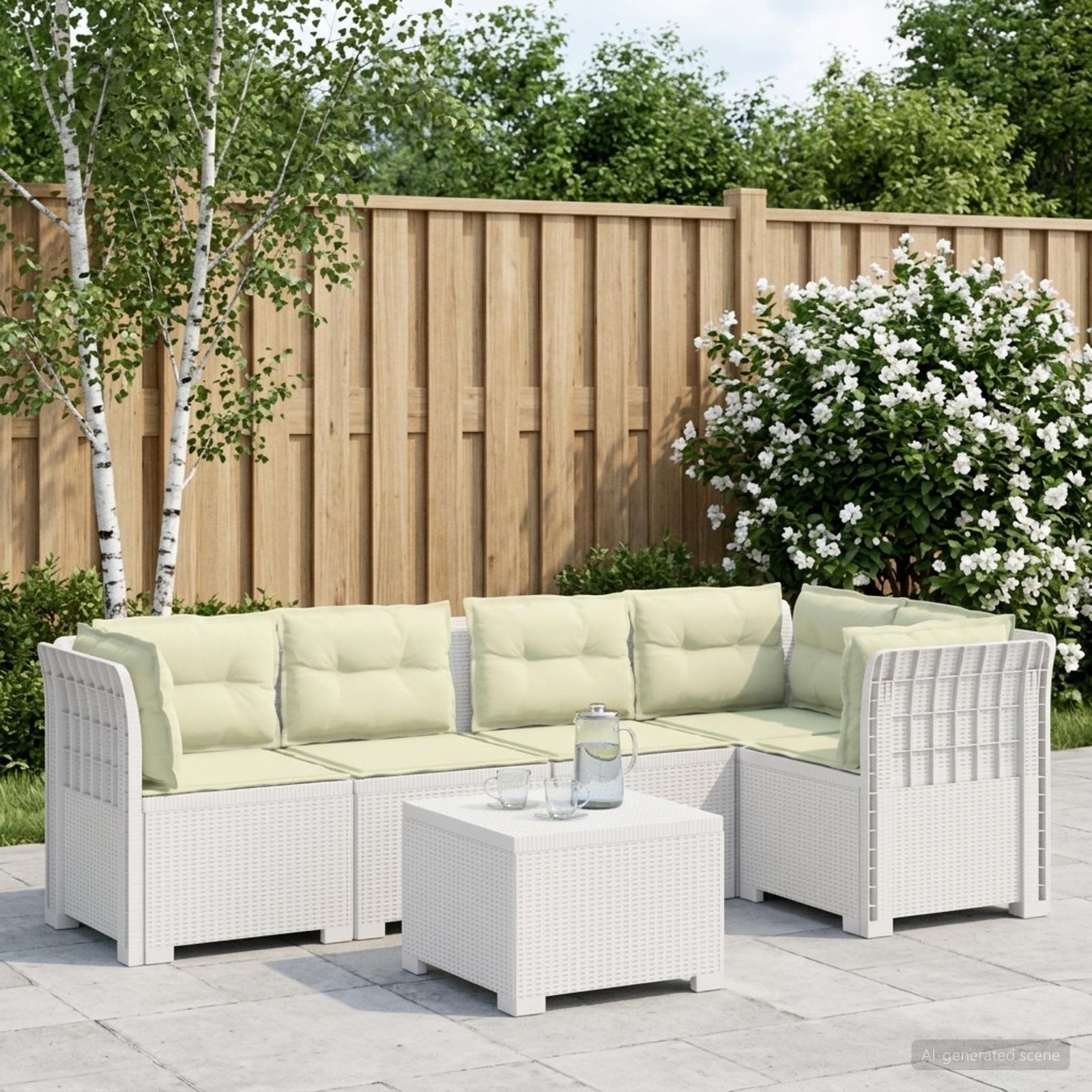 5-Sitzer Gartensofa mit Kissen Rattan-Look PP Weiß