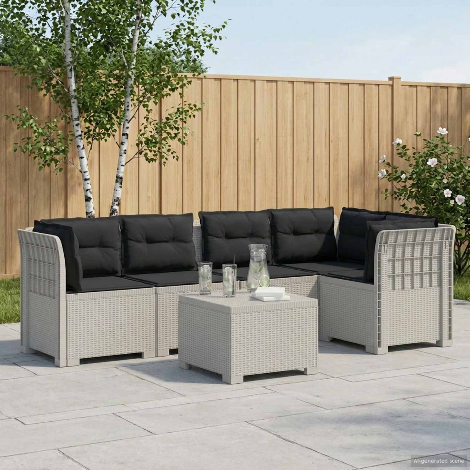 5-Sitzer Gartensofa mit Kissen Rattan-Look PP Weiß