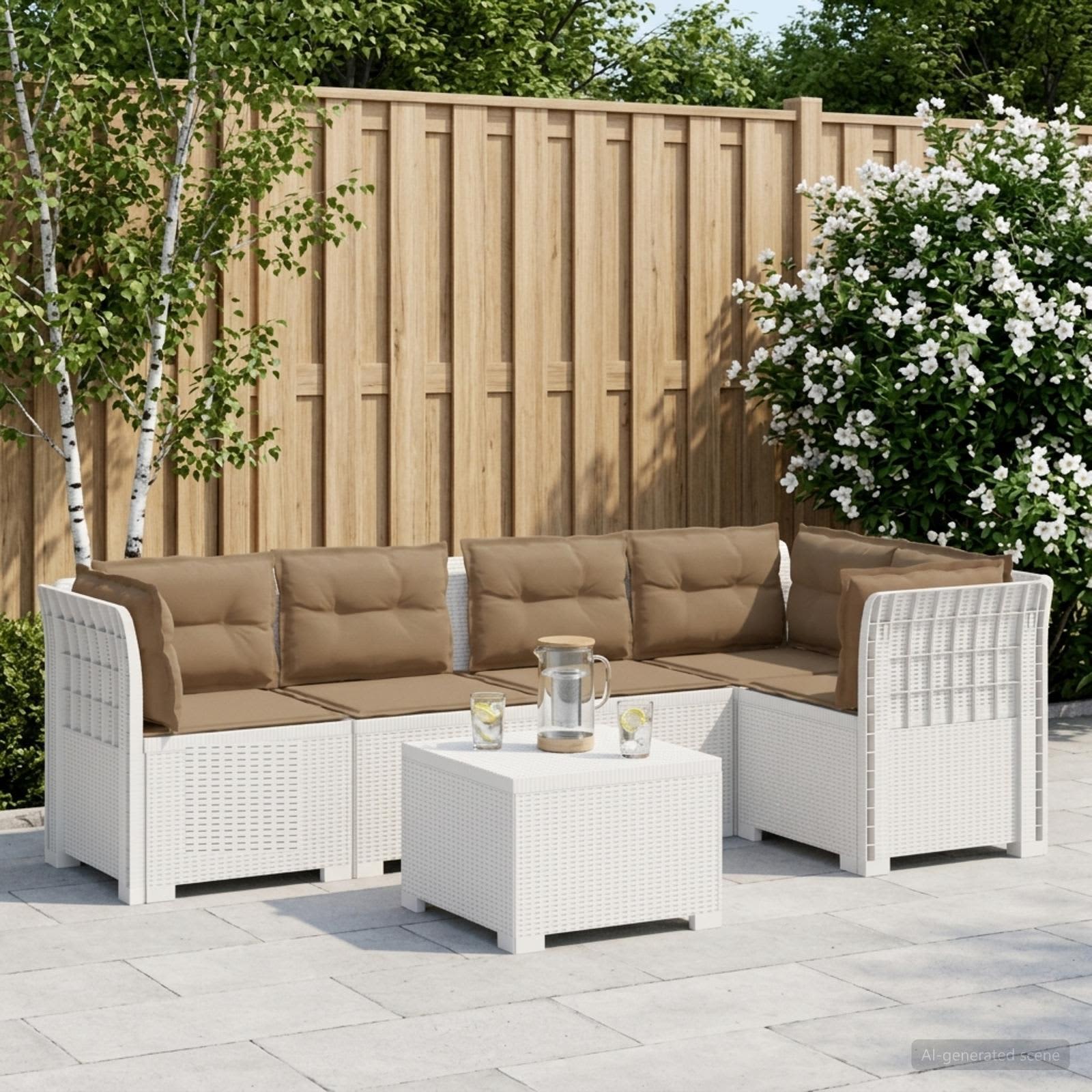 5-Sitzer Gartensofa mit Kissen Rattan-Look PP Weiß