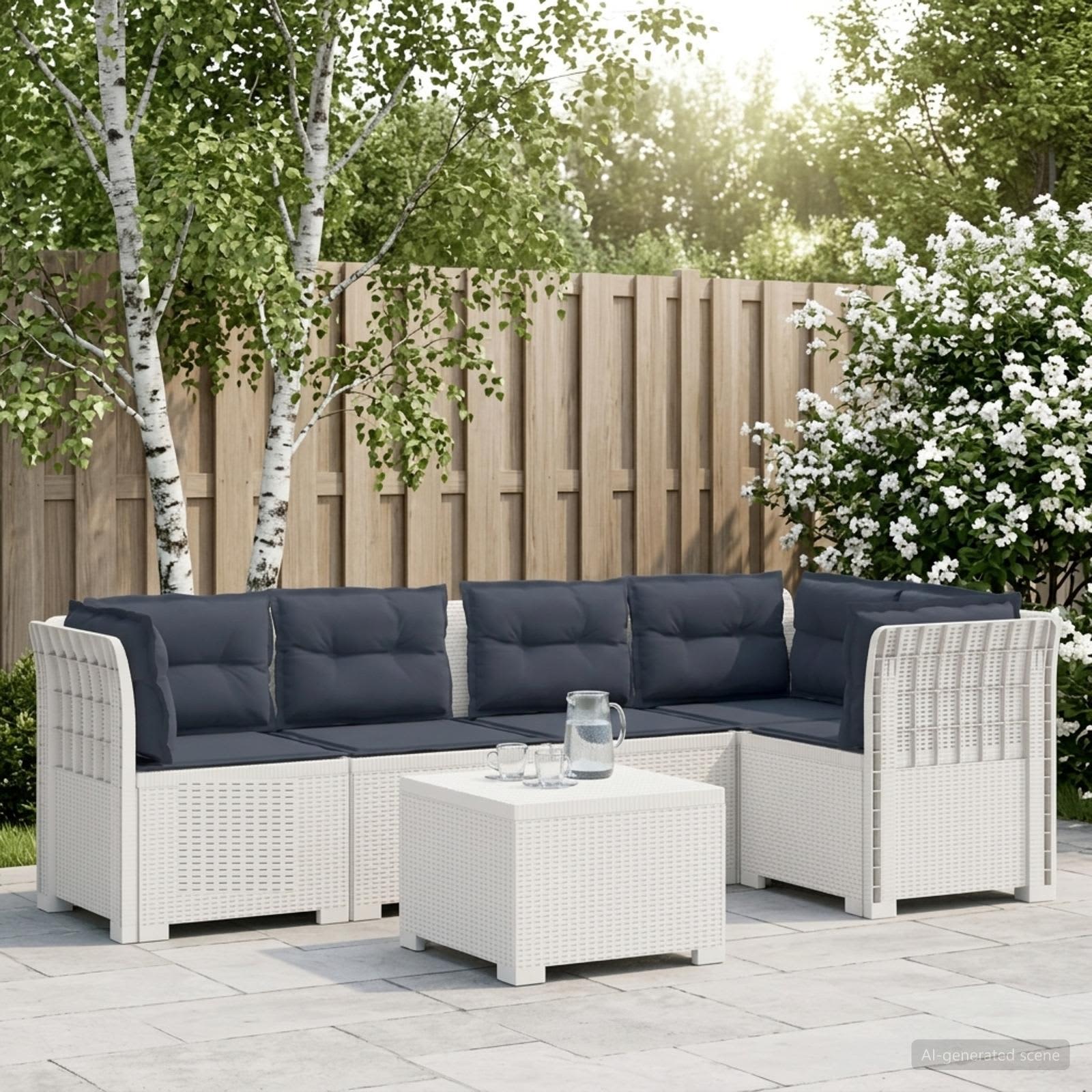 5-Sitzer Gartensofa mit Kissen Rattan-Look PP Weiß