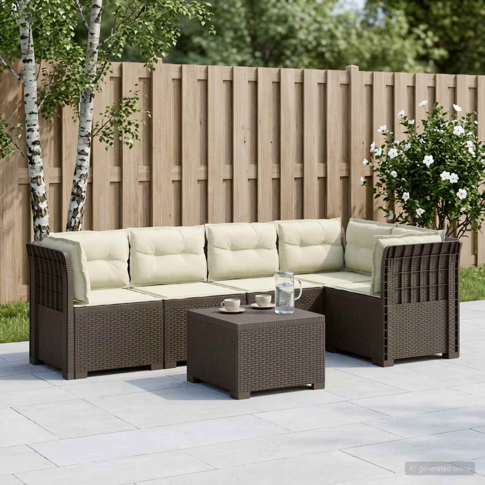 5-Sitzer Gartensofa mit Kissen Rattan-Look PP Hellgrau