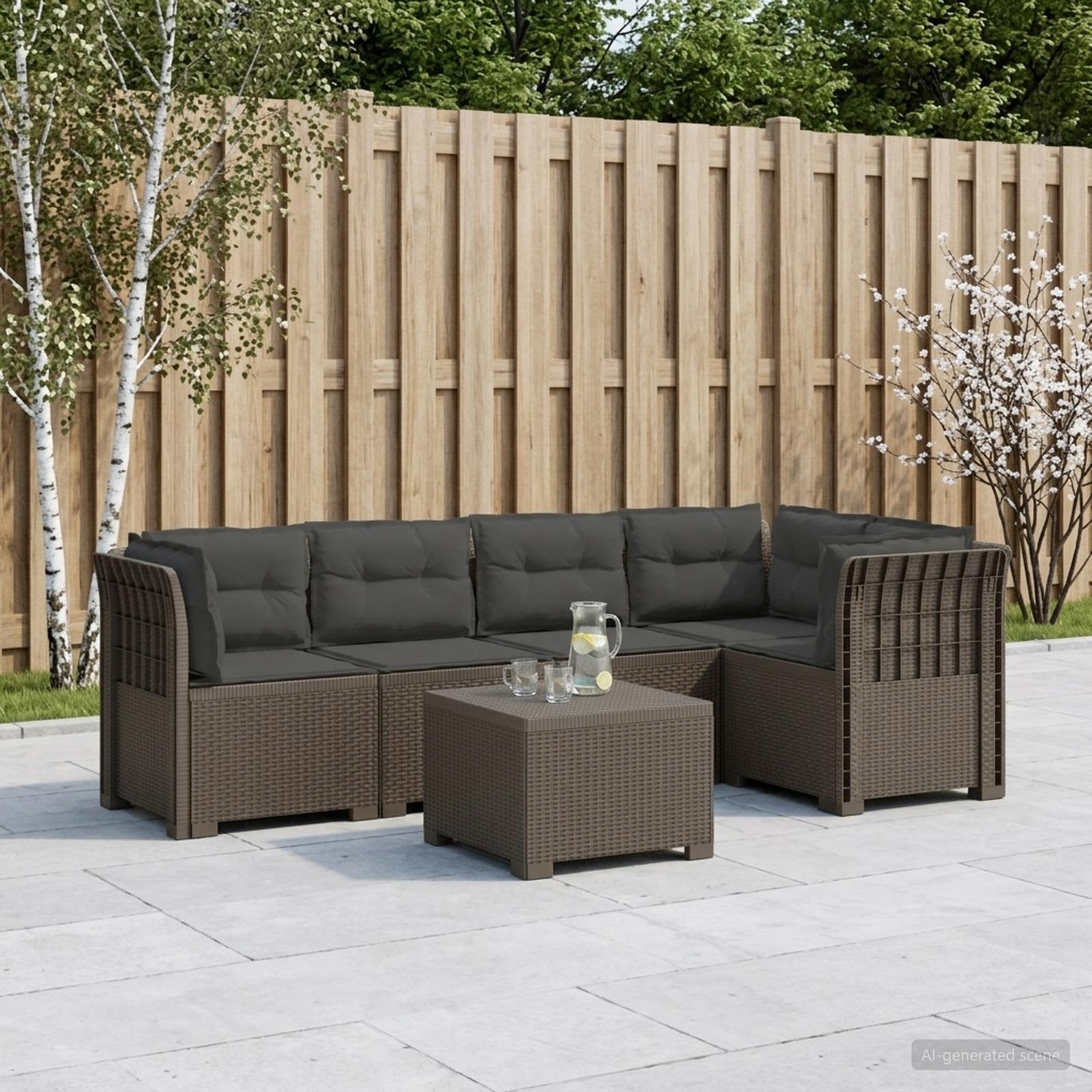 5-Sitzer Gartensofa mit Kissen Rattan-Look PP Hellgrau