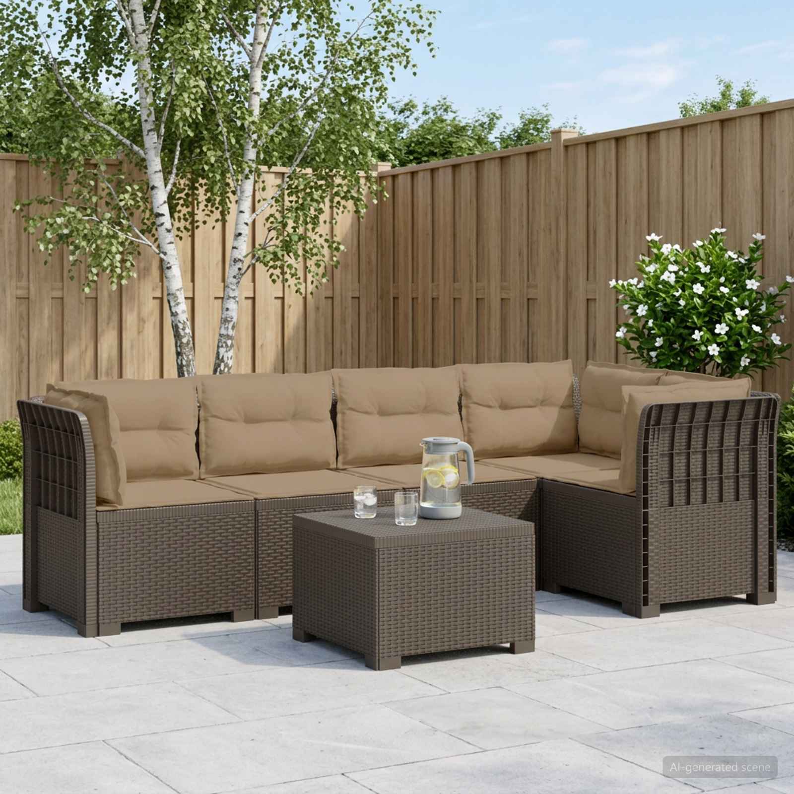 5-Sitzer Gartensofa mit Kissen Rattan-Look PP Hellgrau