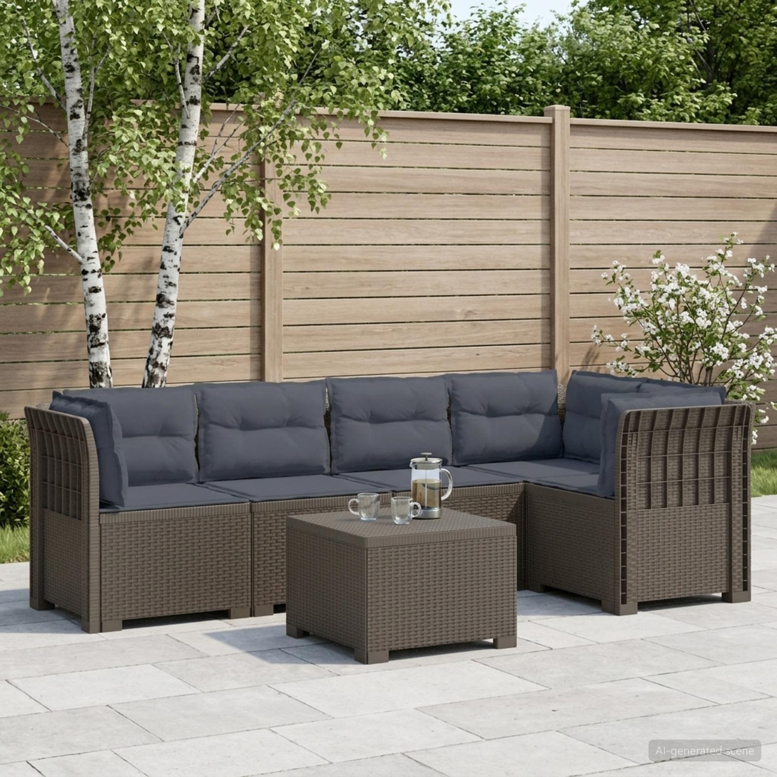 5-Sitzer Gartensofa mit Kissen Rattan-Look PP Hellgrau