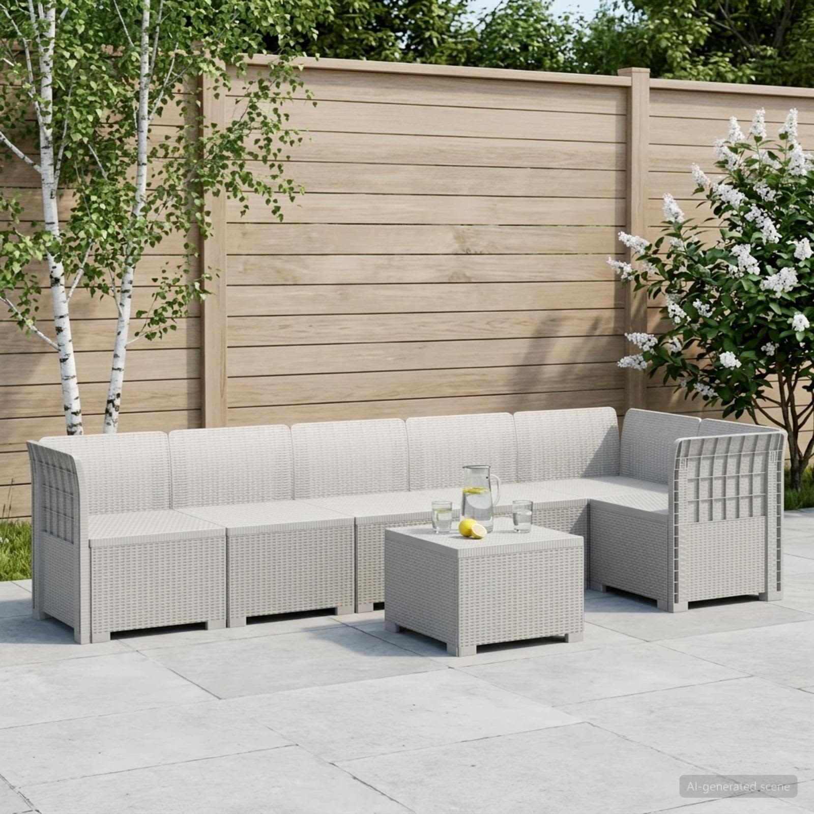 6-Sitzer Garten Sofa Rattan Look PP Weiß