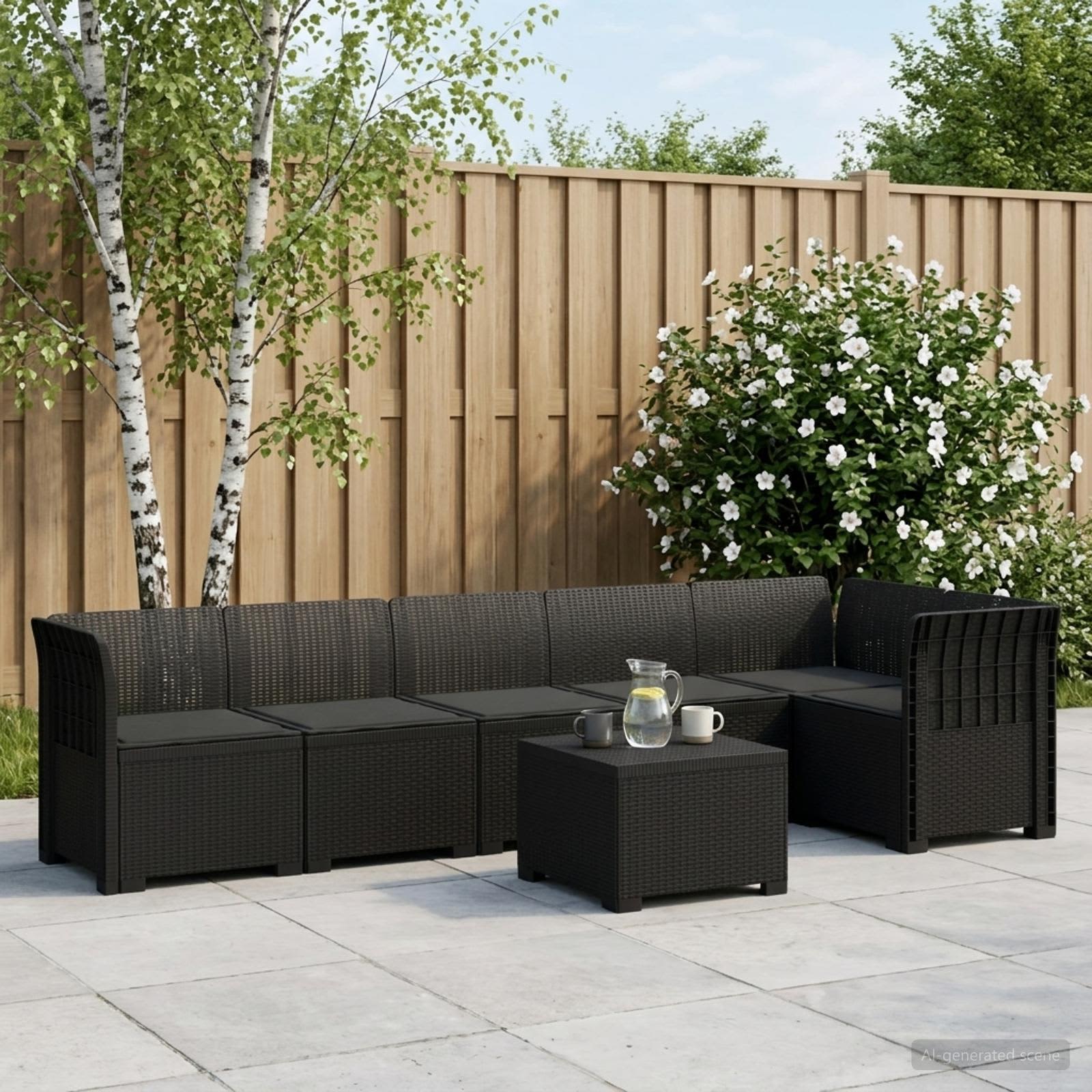 6-Sitzer Garten Sofa mit Kissen Rattan Look PP Anthrazit