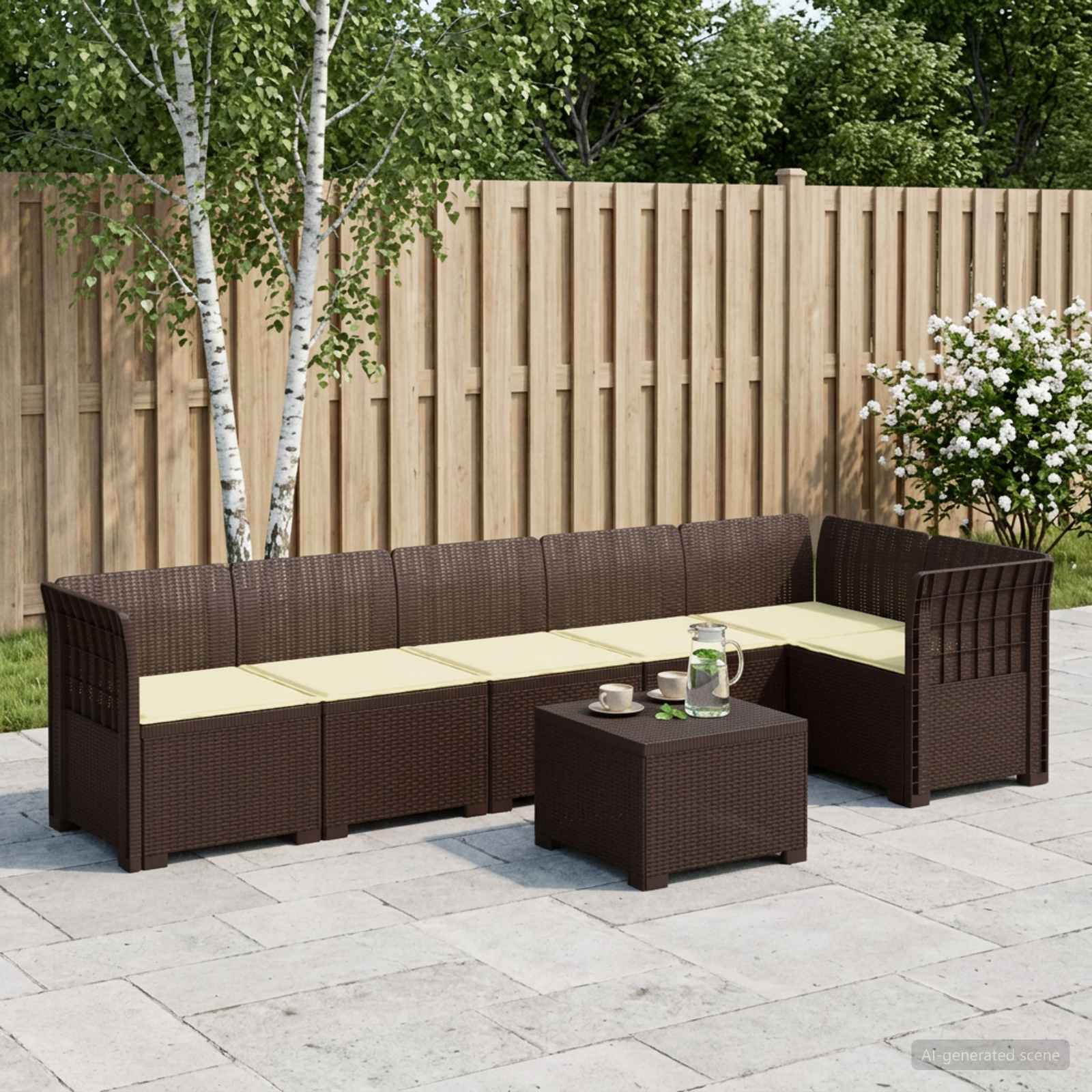 6-Sitzer Garten Sofa mit Kissen Rattan Look PP Braun