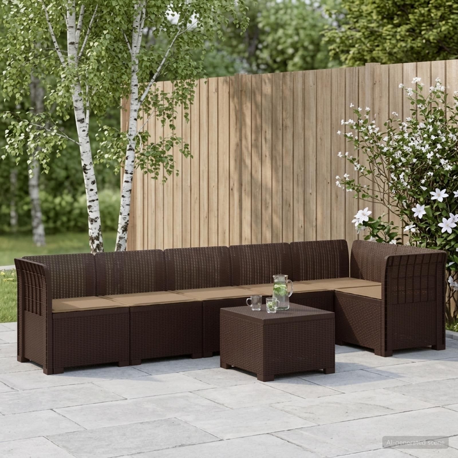 6-Sitzer Garten Sofa mit Kissen Rattan Look PP Braun