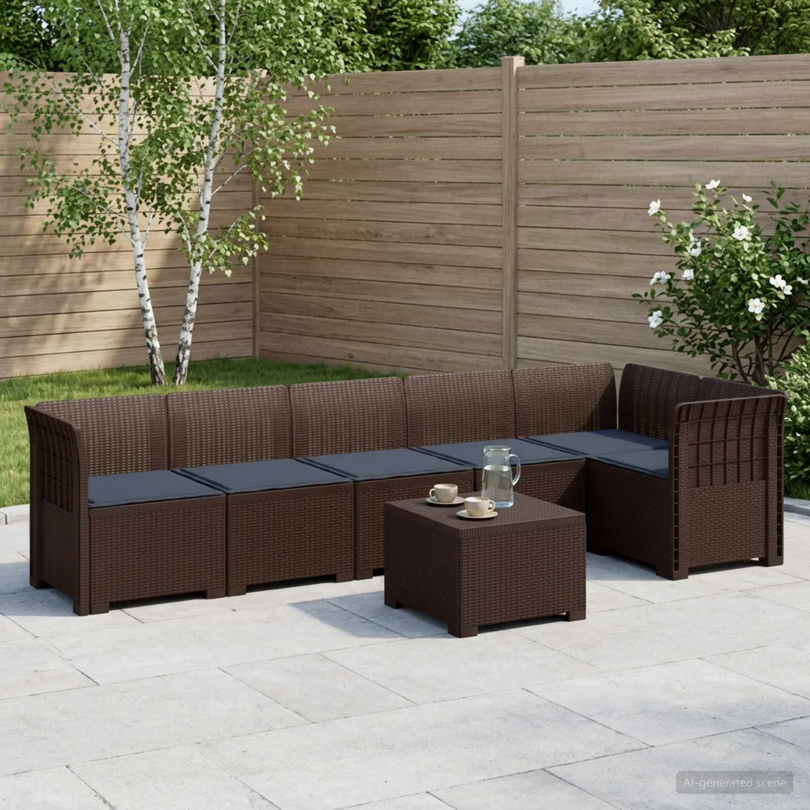 6-Sitzer Garten Sofa mit Kissen Rattan Look PP Braun
