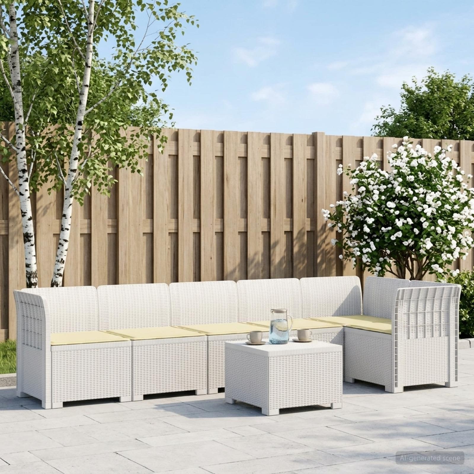 6-Sitzer Garten Sofa mit Kissen Rattan Look PP Weiß