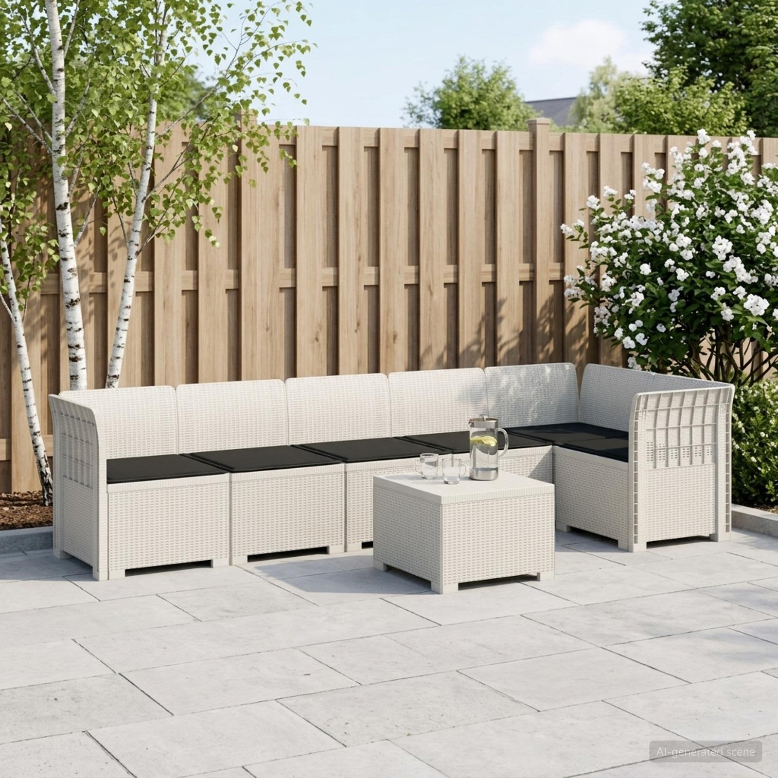 6-Sitzer Garten Sofa mit Kissen Rattan Look PP Weiß