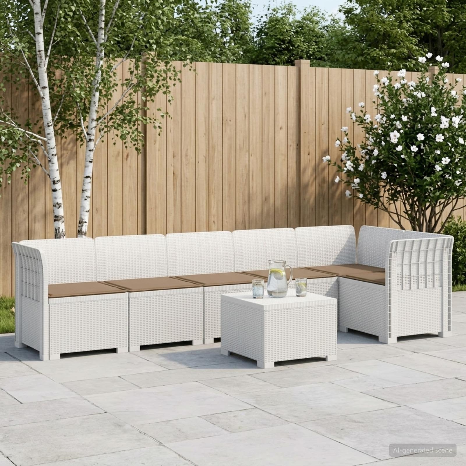 6-Sitzer Garten Sofa mit Kissen Rattan Look PP Weiß