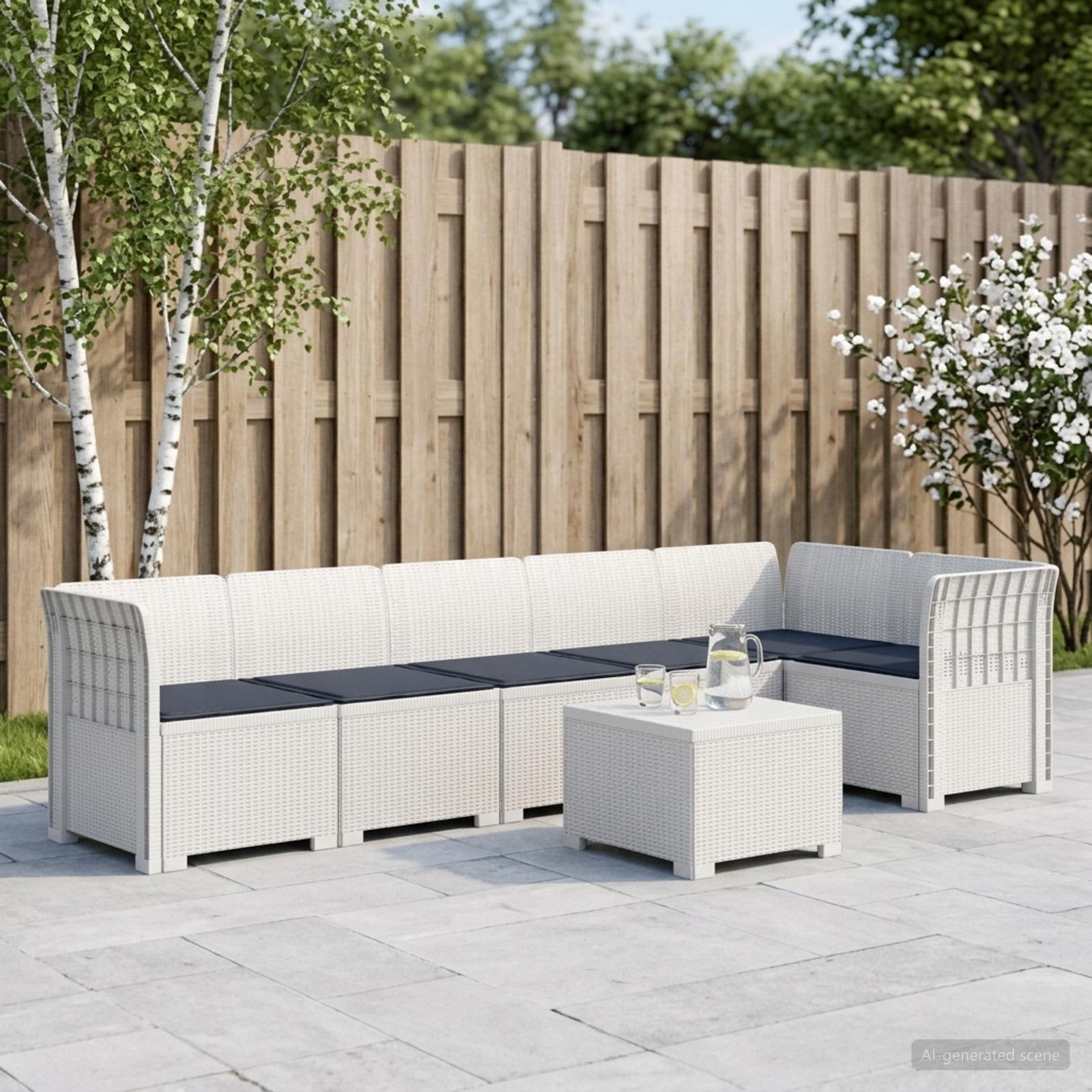 6-Sitzer Garten Sofa mit Kissen Rattan Look PP Weiß