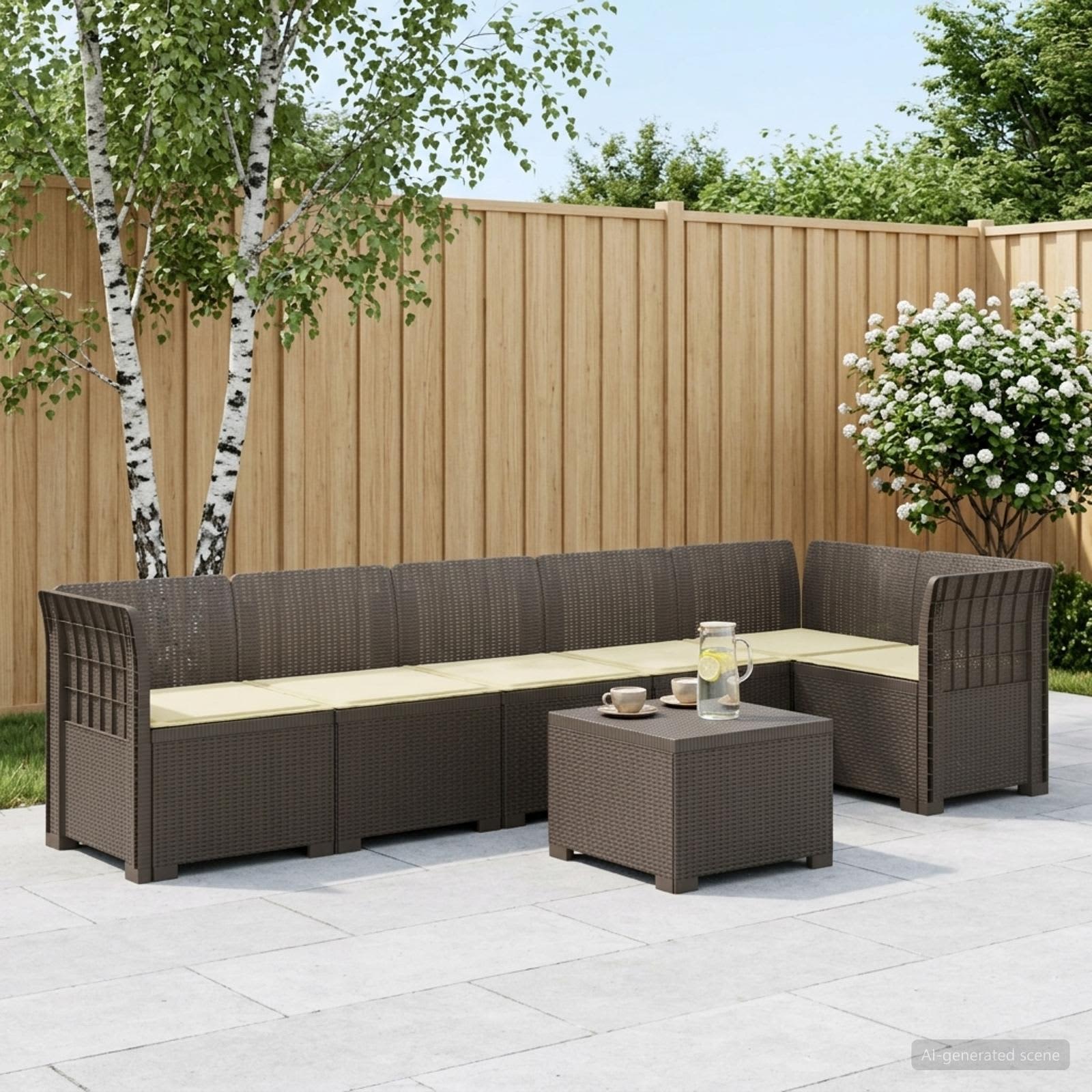 6-Sitzer Garten Sofa mit Kissen Rattan Look PP Hellgrau
