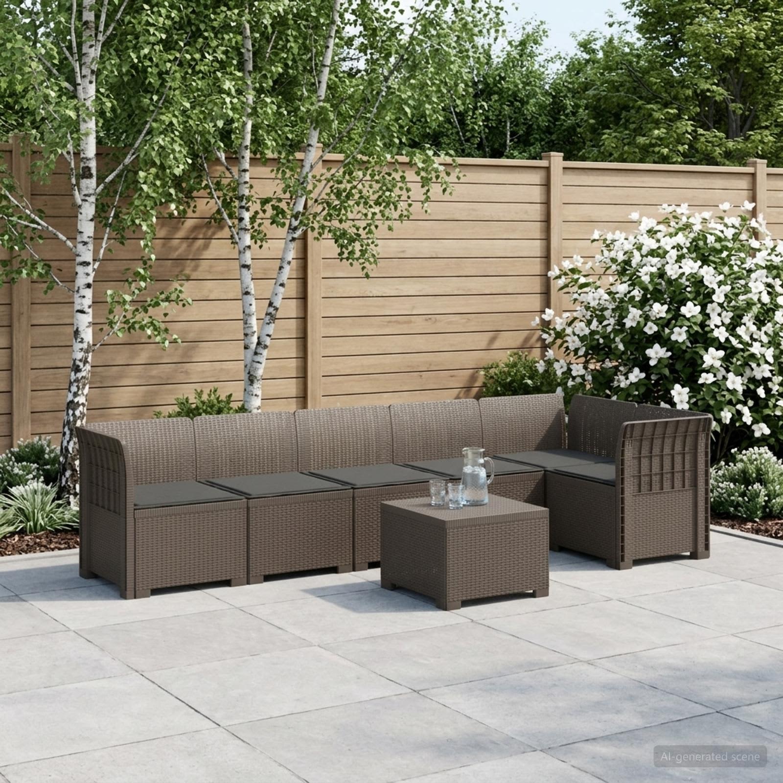 6-Sitzer Garten Sofa mit Kissen Rattan Look PP Hellgrau