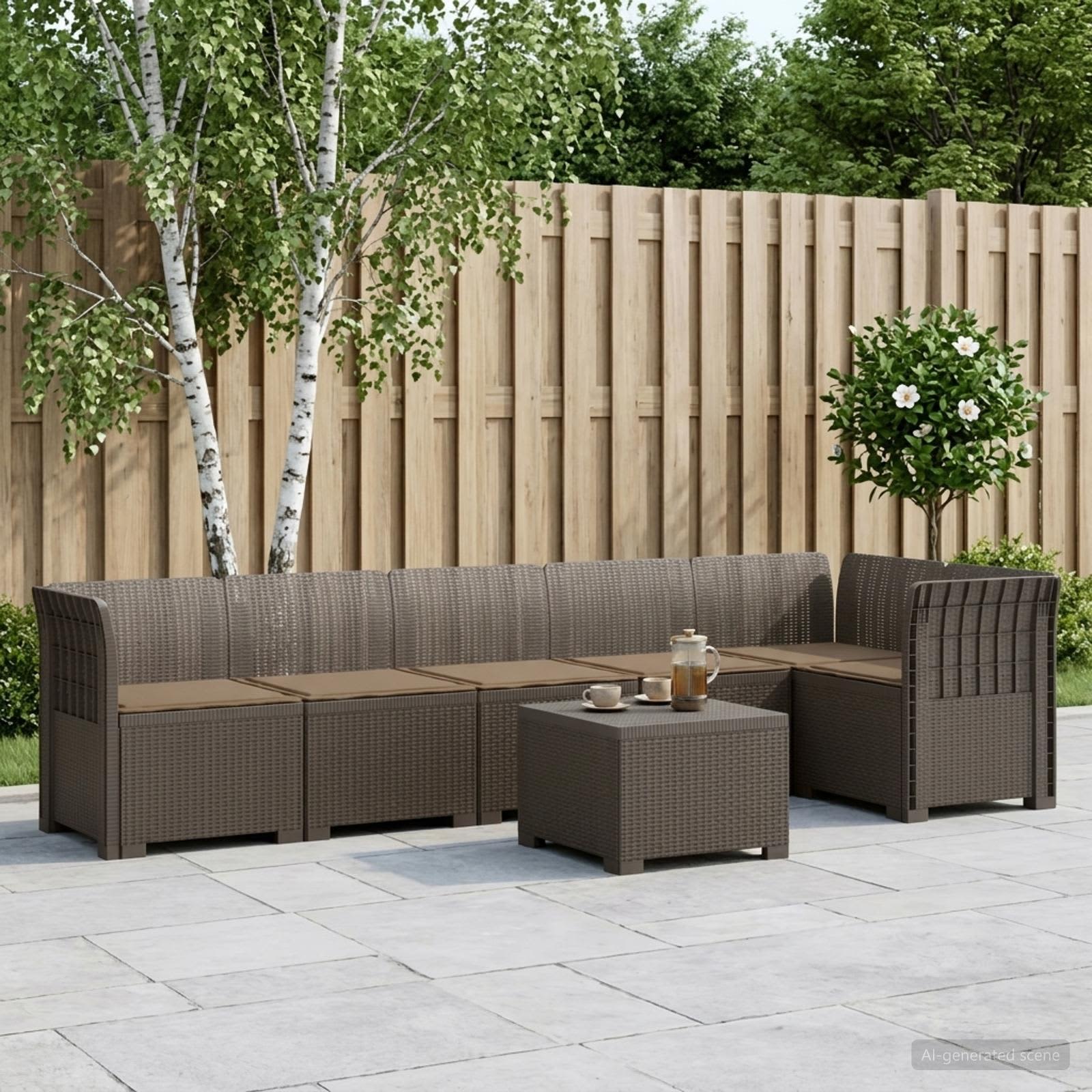 6-Sitzer Garten Sofa mit Kissen Rattan Look PP Hellgrau