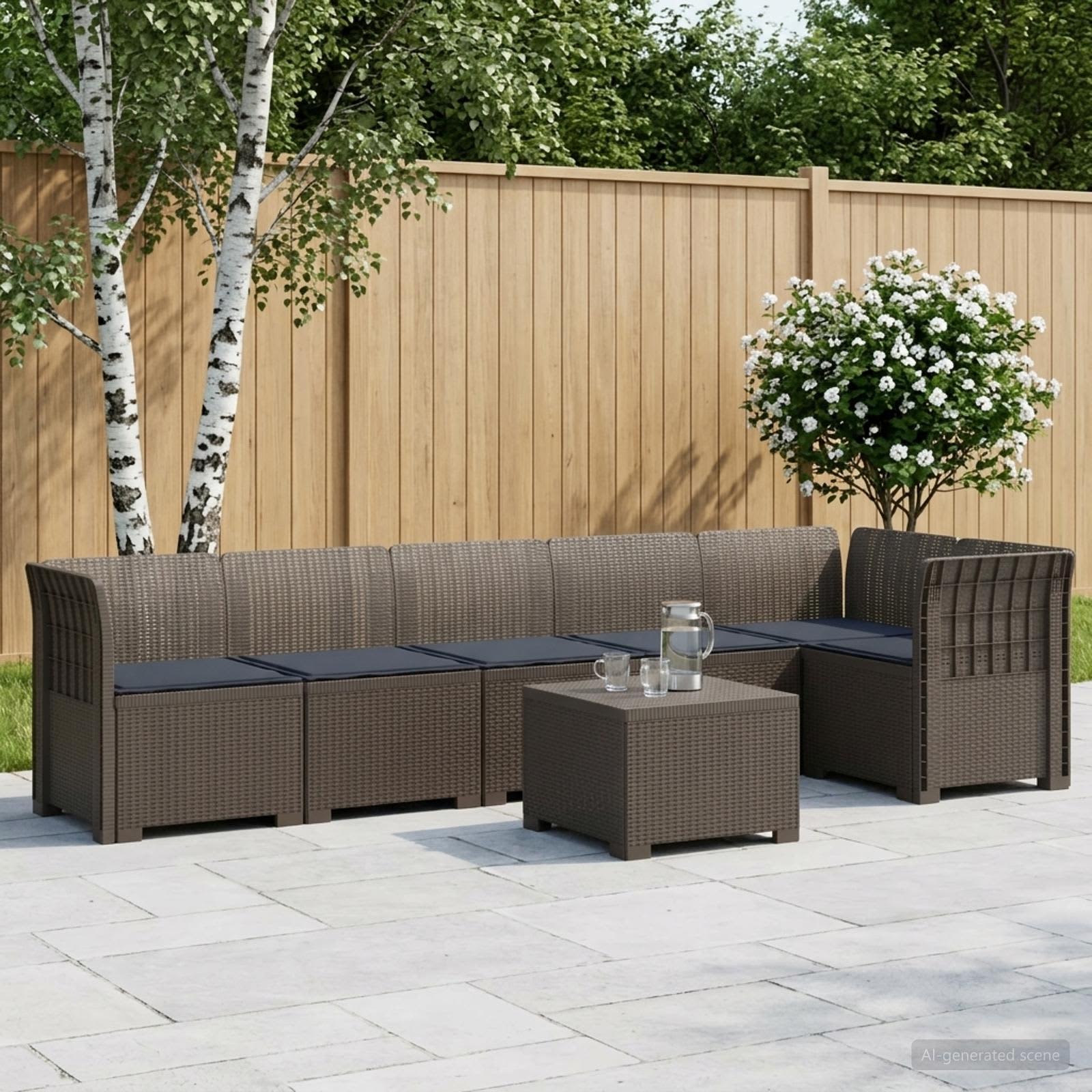6-Sitzer Garten Sofa mit Kissen Rattan Look PP Hellgrau