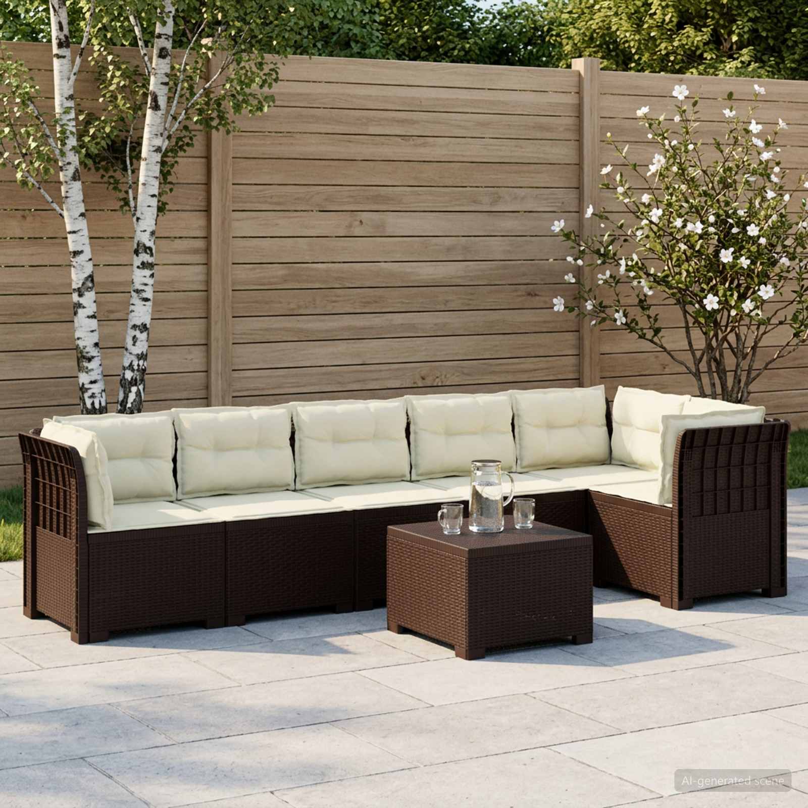 6-Sitzer Garten Sofa mit Kissen Rattan Look PP Braun