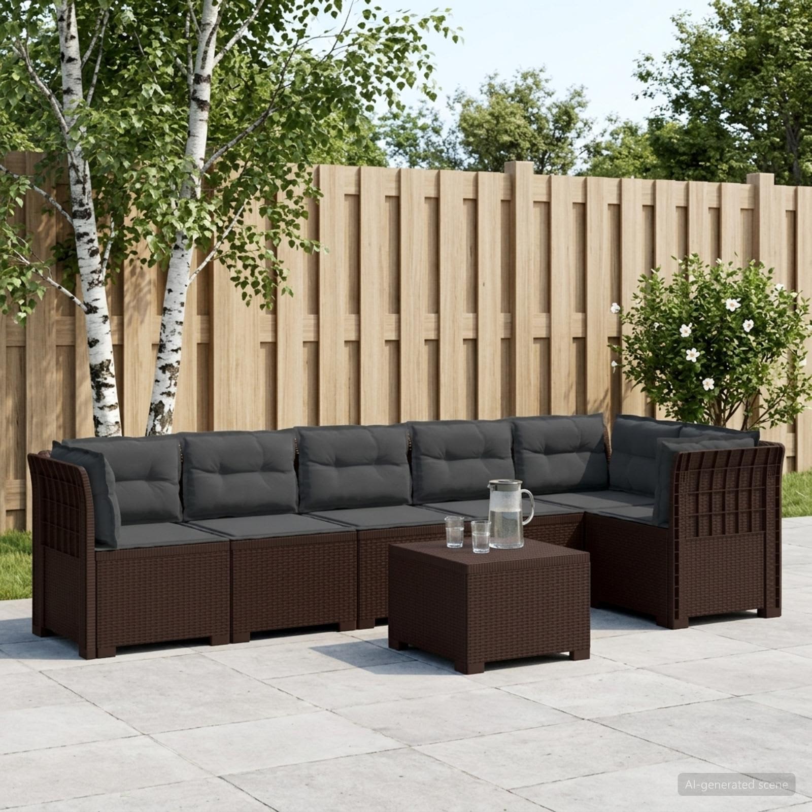 6-Sitzer Garten Sofa mit Kissen Rattan Look PP Braun