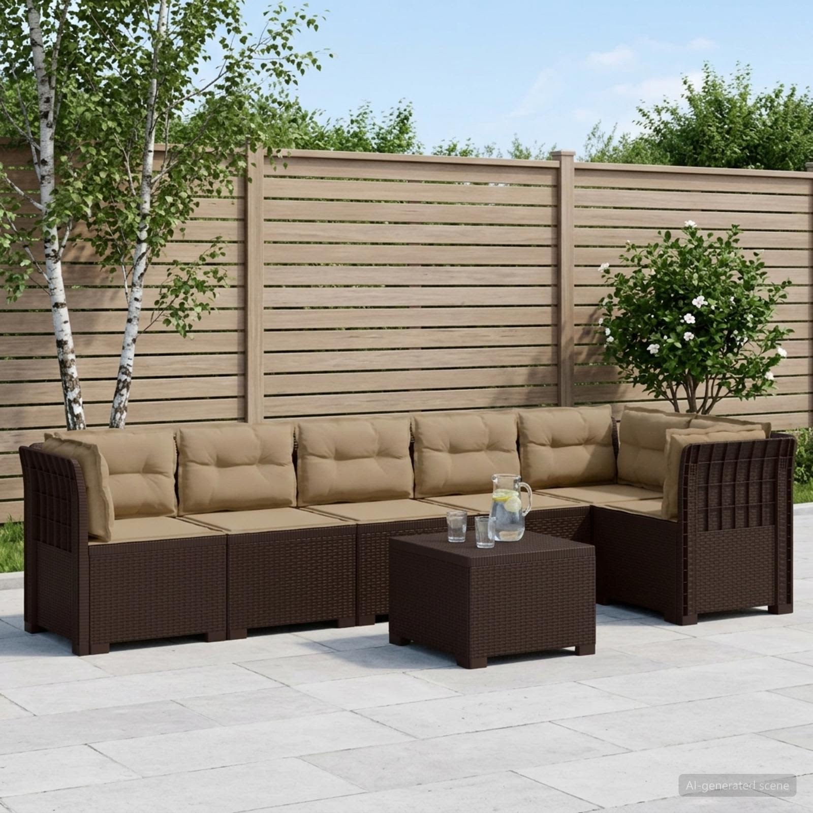 6-Sitzer Garten Sofa mit Kissen Rattan Look PP Braun