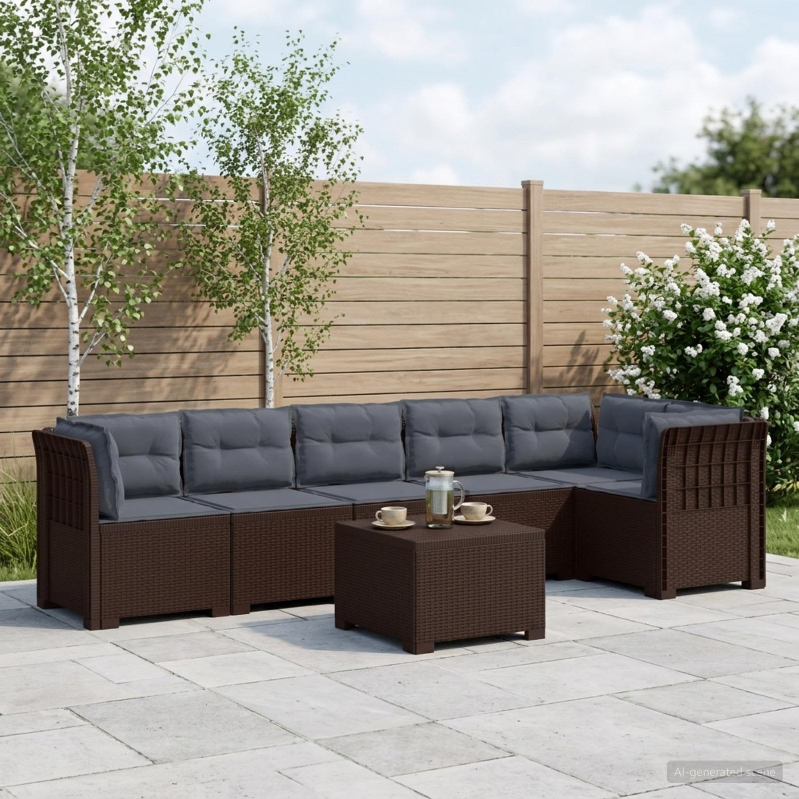 6-Sitzer Garten Sofa mit Kissen Rattan Look PP Braun