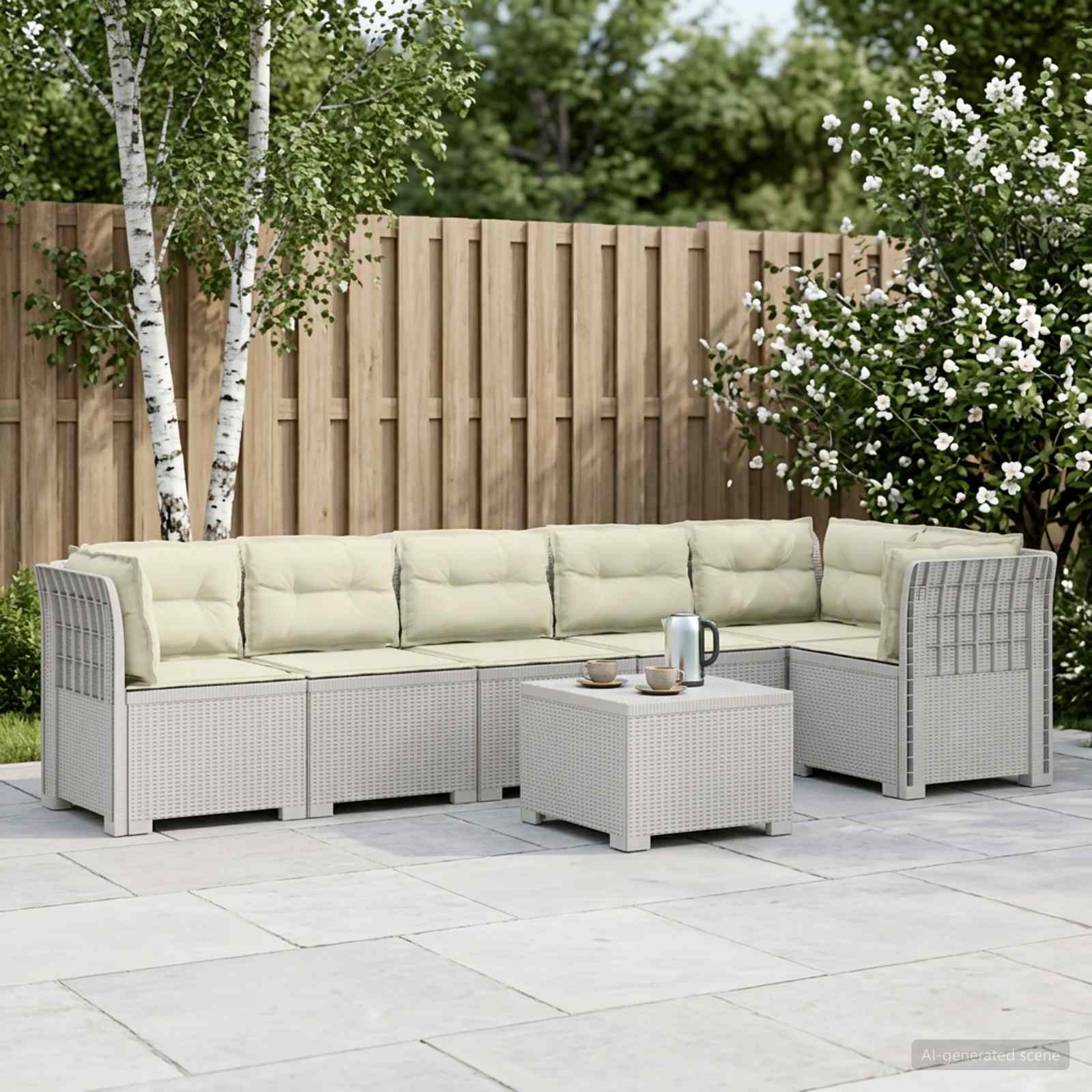 6-Sitzer Garten Sofa mit Kissen Rattan Look PP Weiß