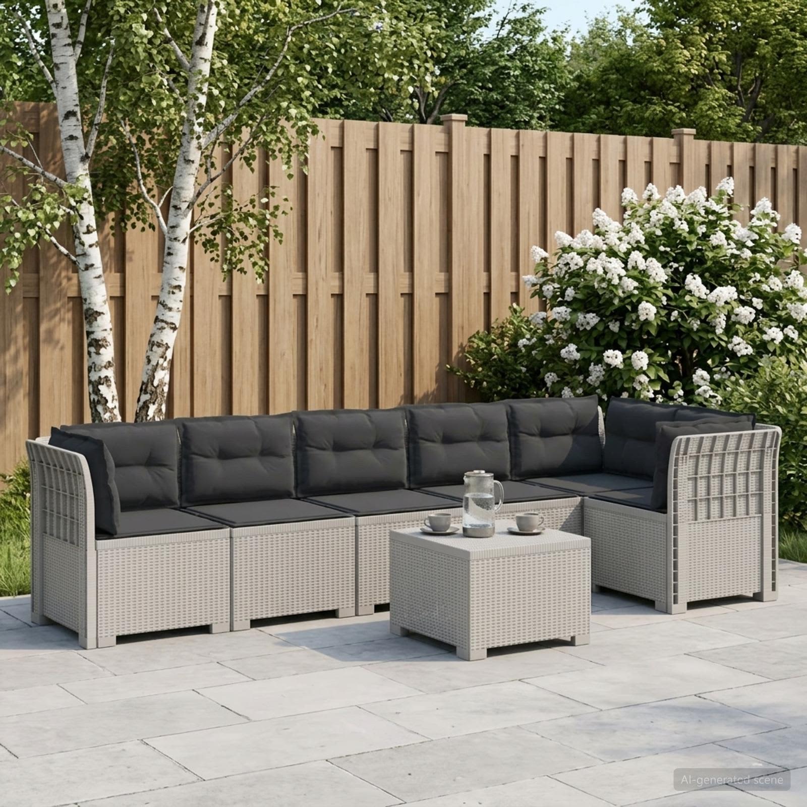 6-Sitzer Garten Sofa mit Kissen Rattan Look PP Weiß