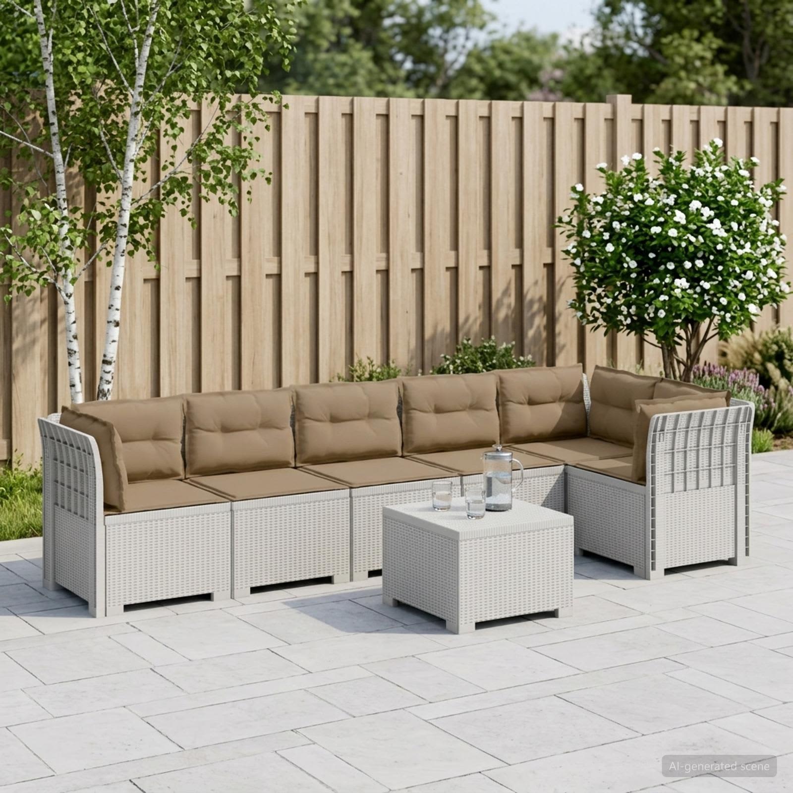 6-Sitzer Garten Sofa mit Kissen Rattan Look PP Weiß