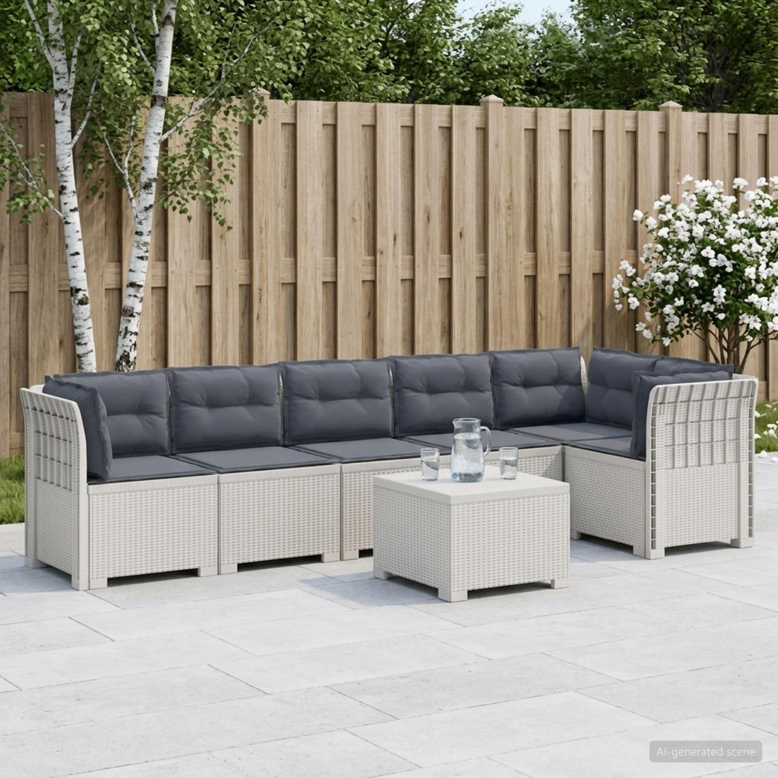 6-Sitzer Garten Sofa mit Kissen Rattan Look PP Weiß