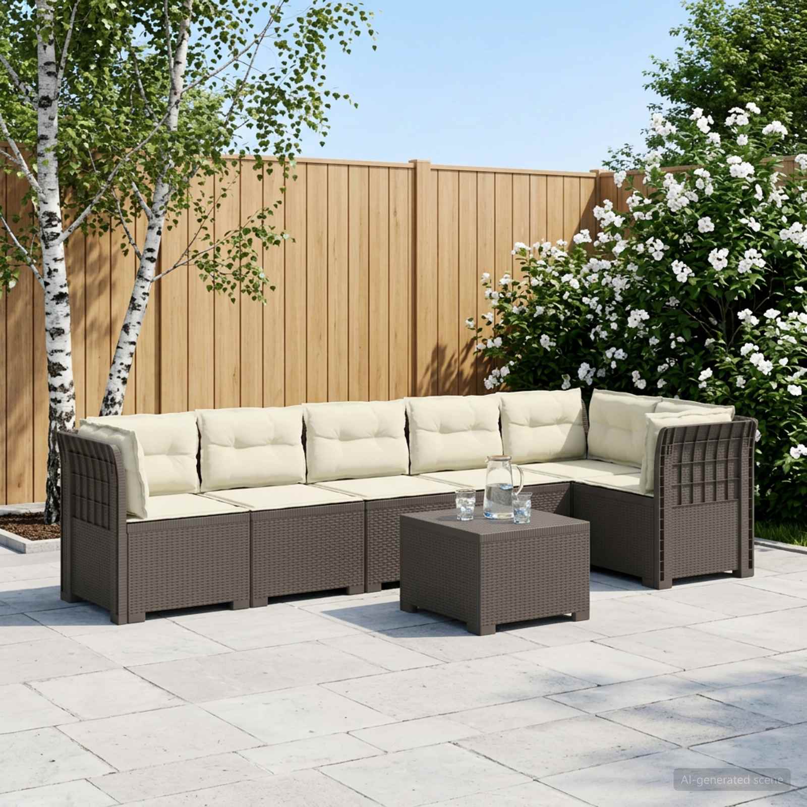 6-Sitzer Garten Sofa mit Kissen Rattan Look PP Hellgrau