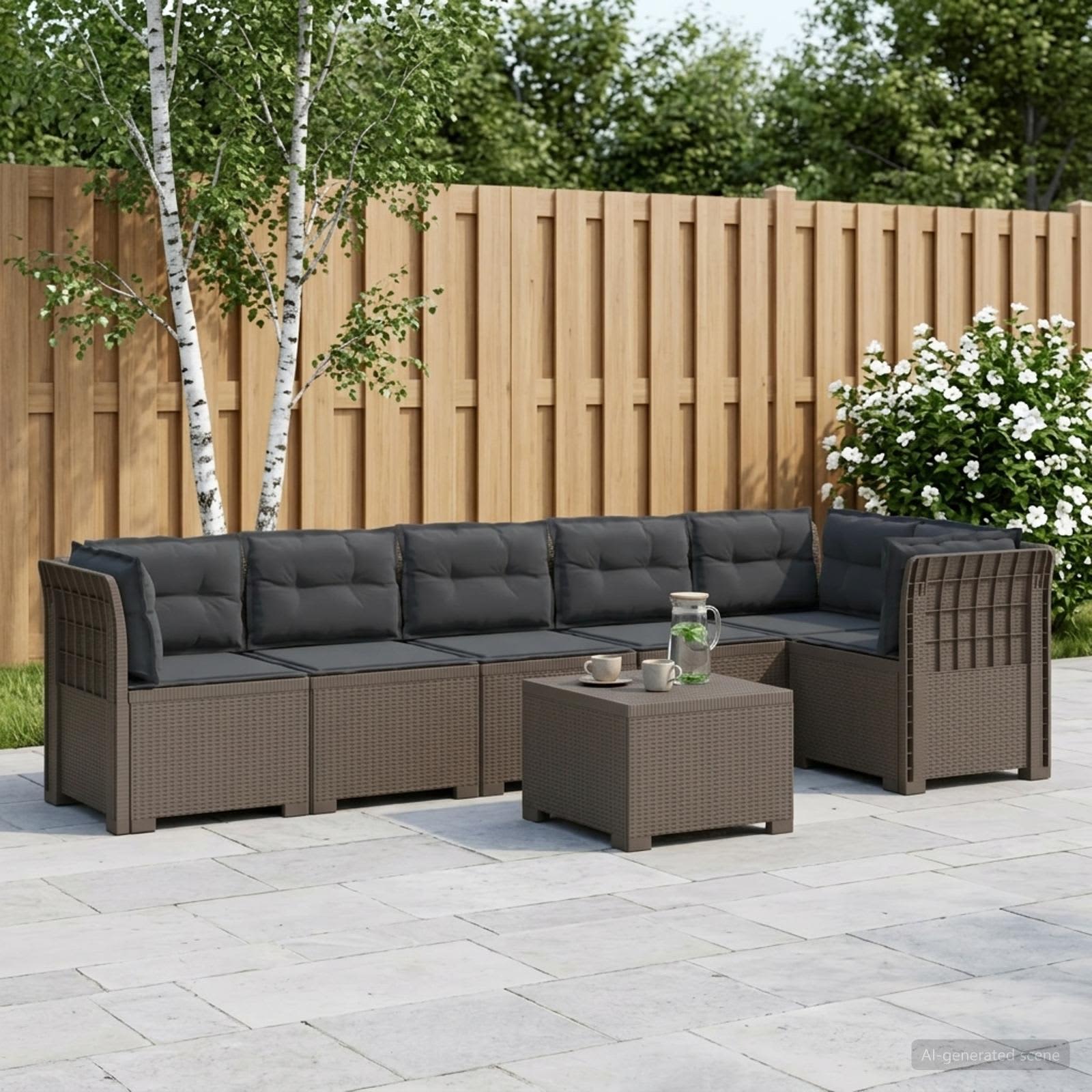 6-Sitzer Garten Sofa mit Kissen Rattan Look PP Hellgrau