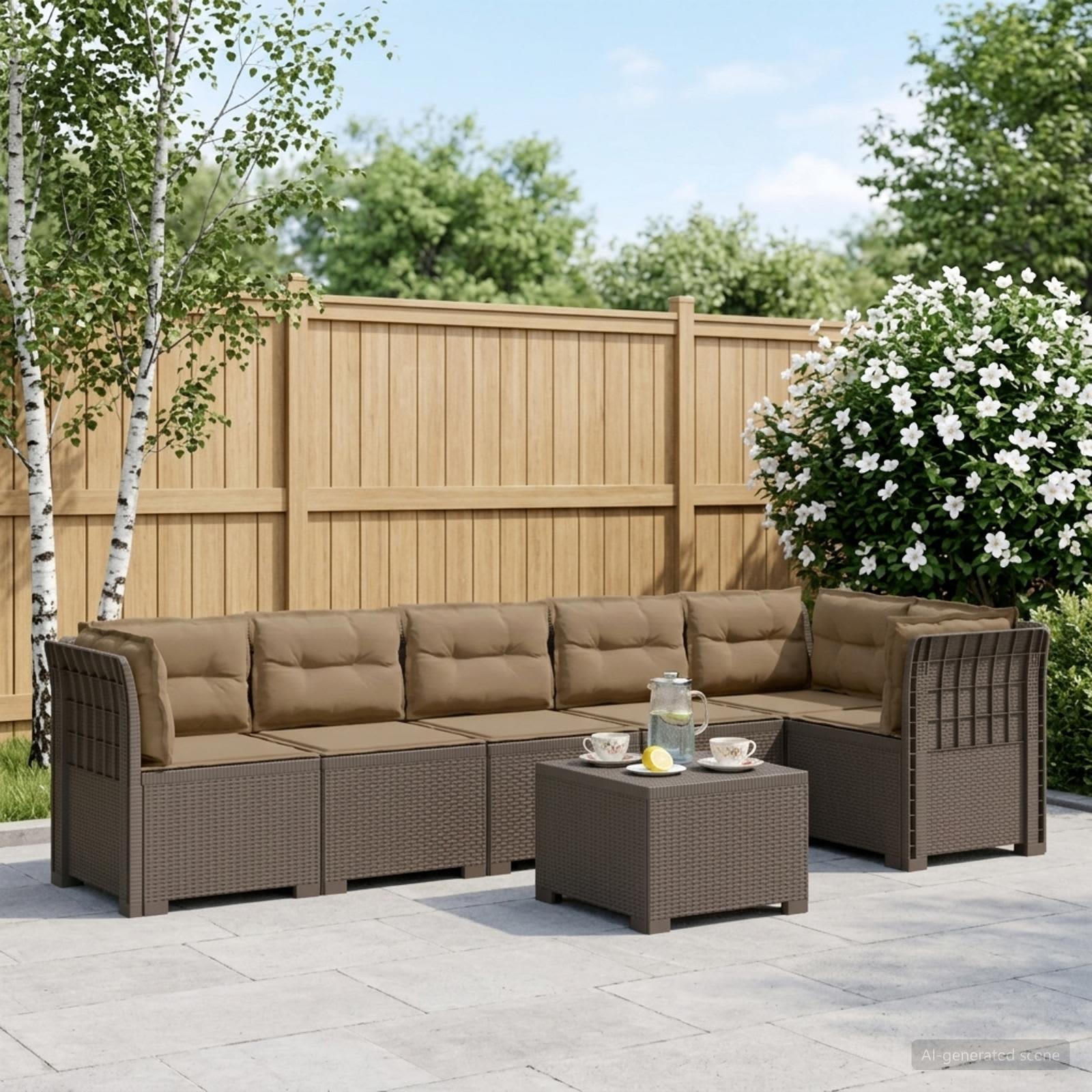 6-Sitzer Garten Sofa mit Kissen Rattan Look PP Hellgrau