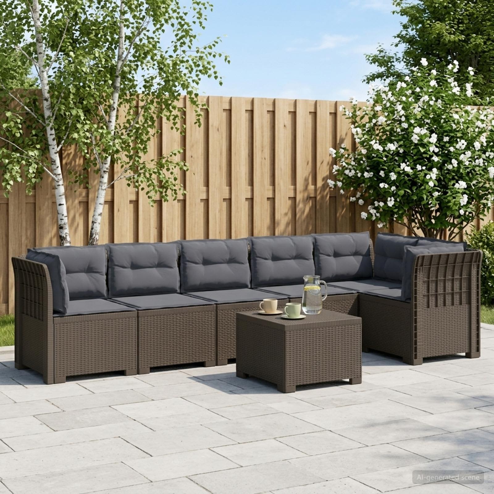 6-Sitzer Garten Sofa mit Kissen Rattan Look PP Hellgrau