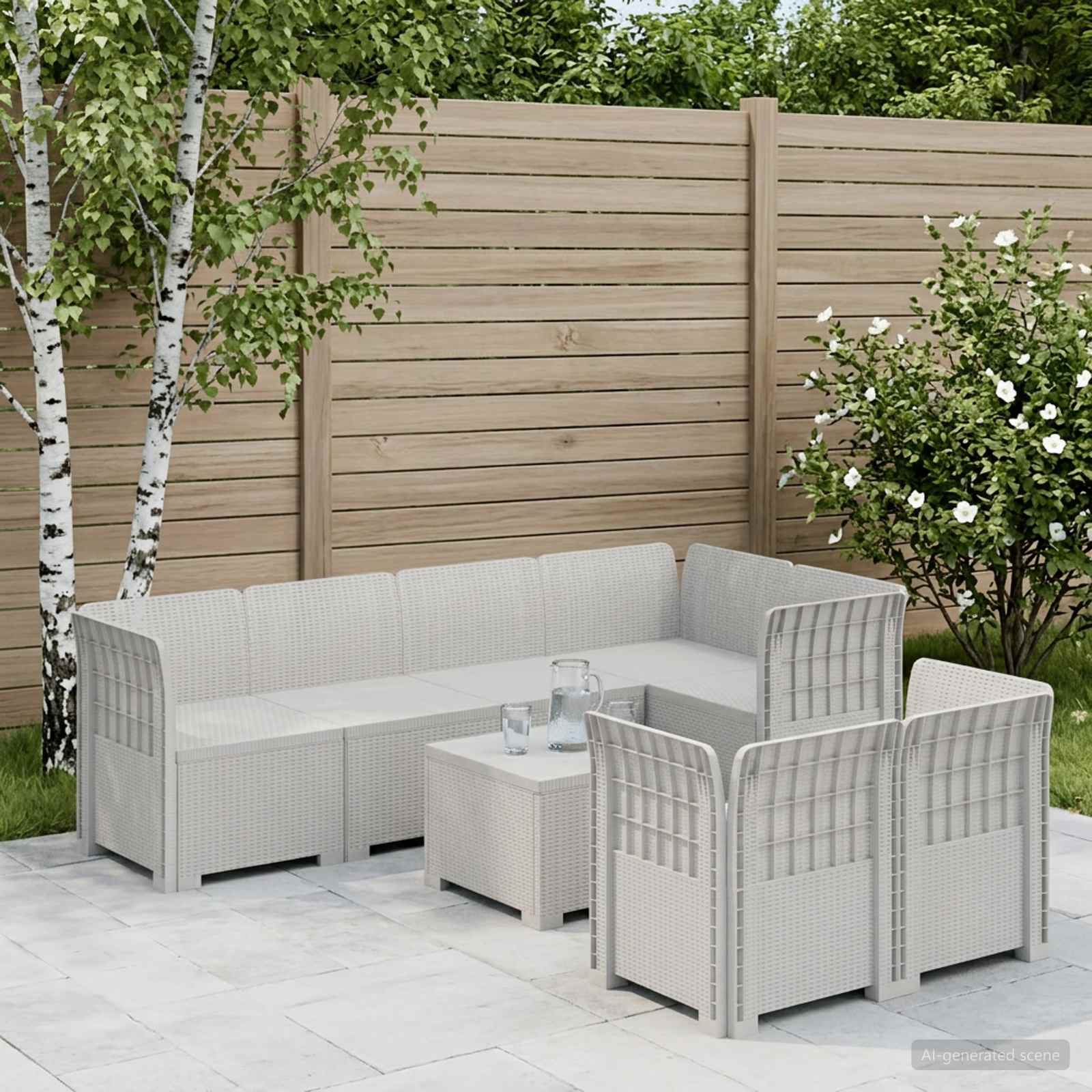 7-Sitzer Gartensofa Rattan-Look PP Weiß