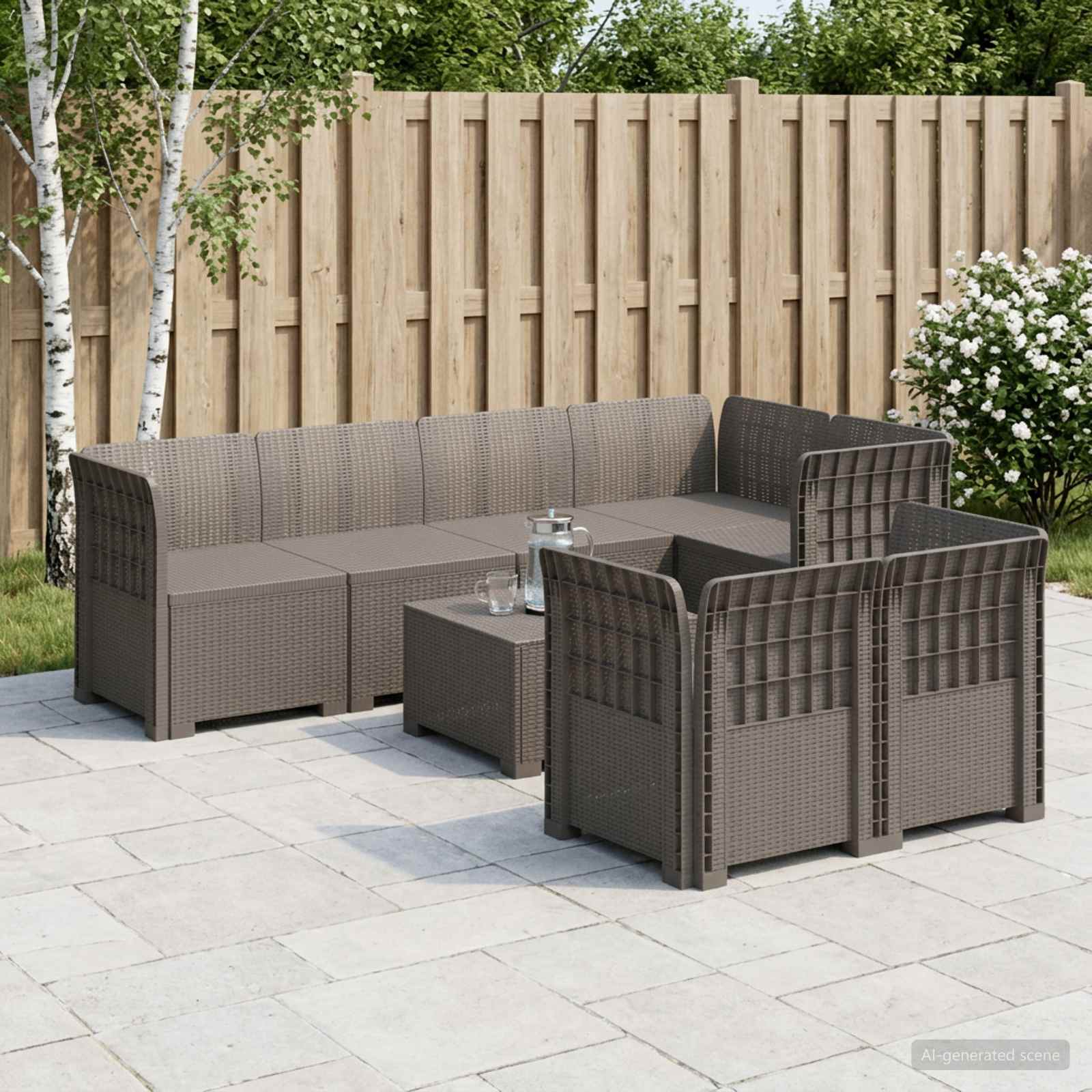 7-Sitzer Gartensofa Rattan-Look PP Hellgrau