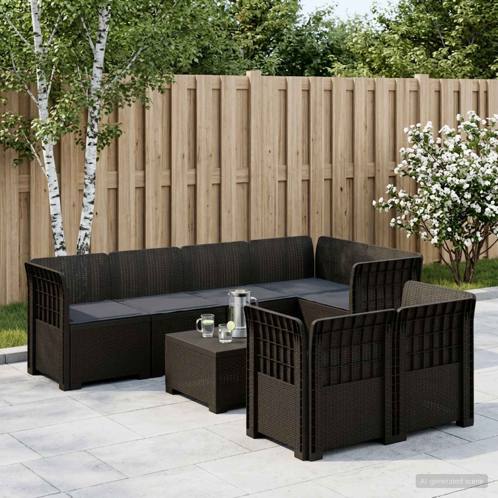 7-Sitzer Gartensofa mit Kissen Rattan-Look PP Anthrazit