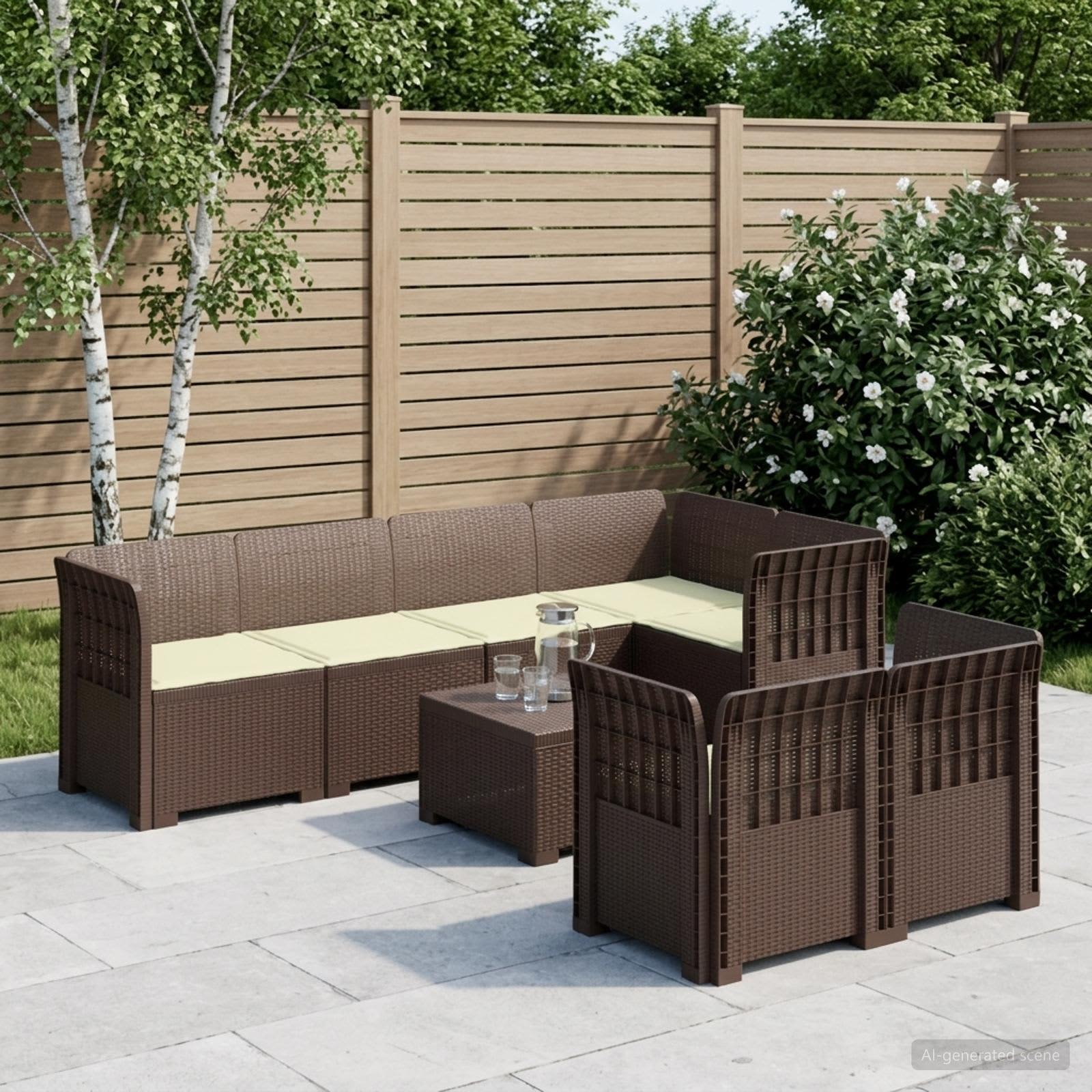 7-Sitzer Gartensofa mit Kissen Rattan-Look PP Braun