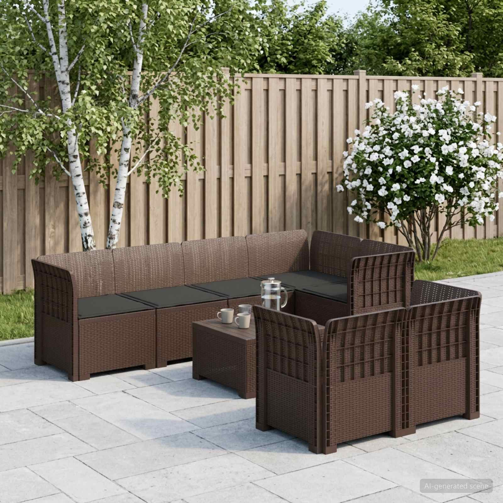 7-Sitzer Gartensofa mit Kissen Rattan-Look PP Braun