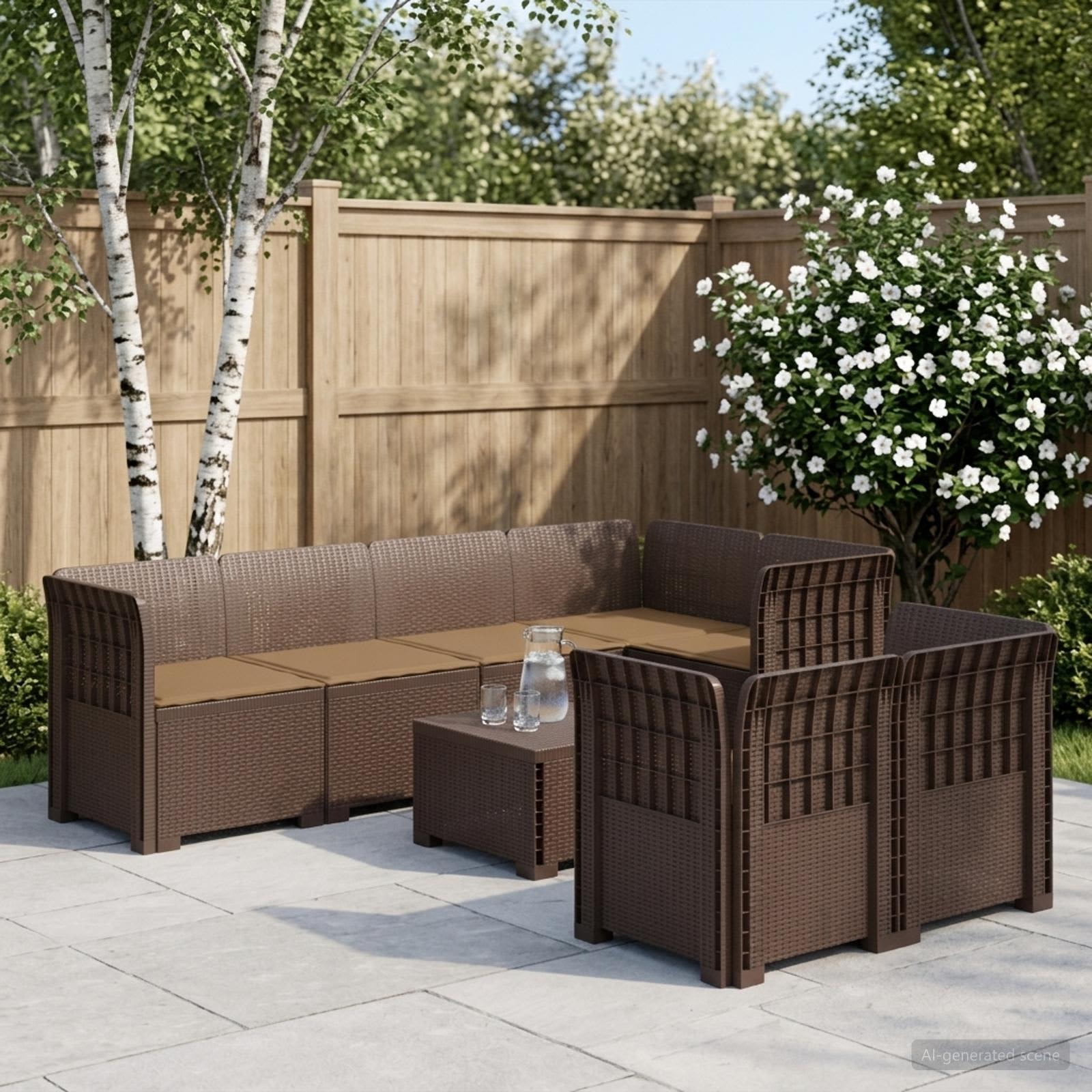 7-Sitzer Gartensofa mit Kissen Rattan-Look PP Braun