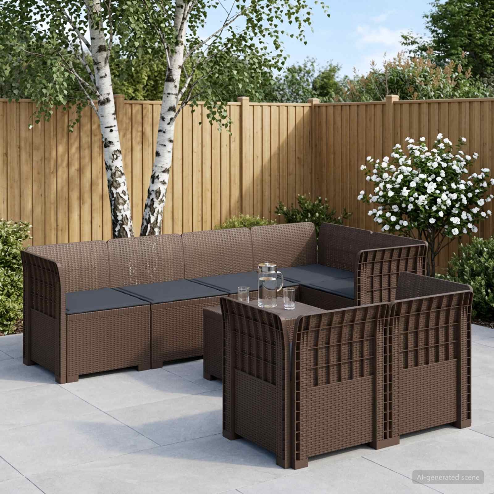 7-Sitzer Gartensofa mit Kissen Rattan-Look PP Braun