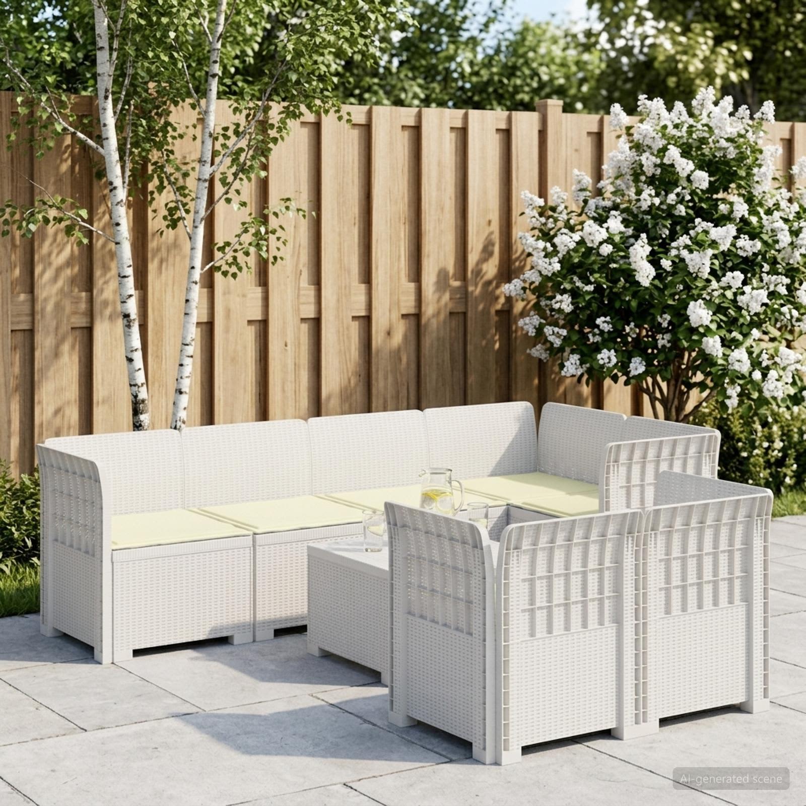 7-Sitzer Gartensofa mit Kissen Rattan-Look PP Weiß