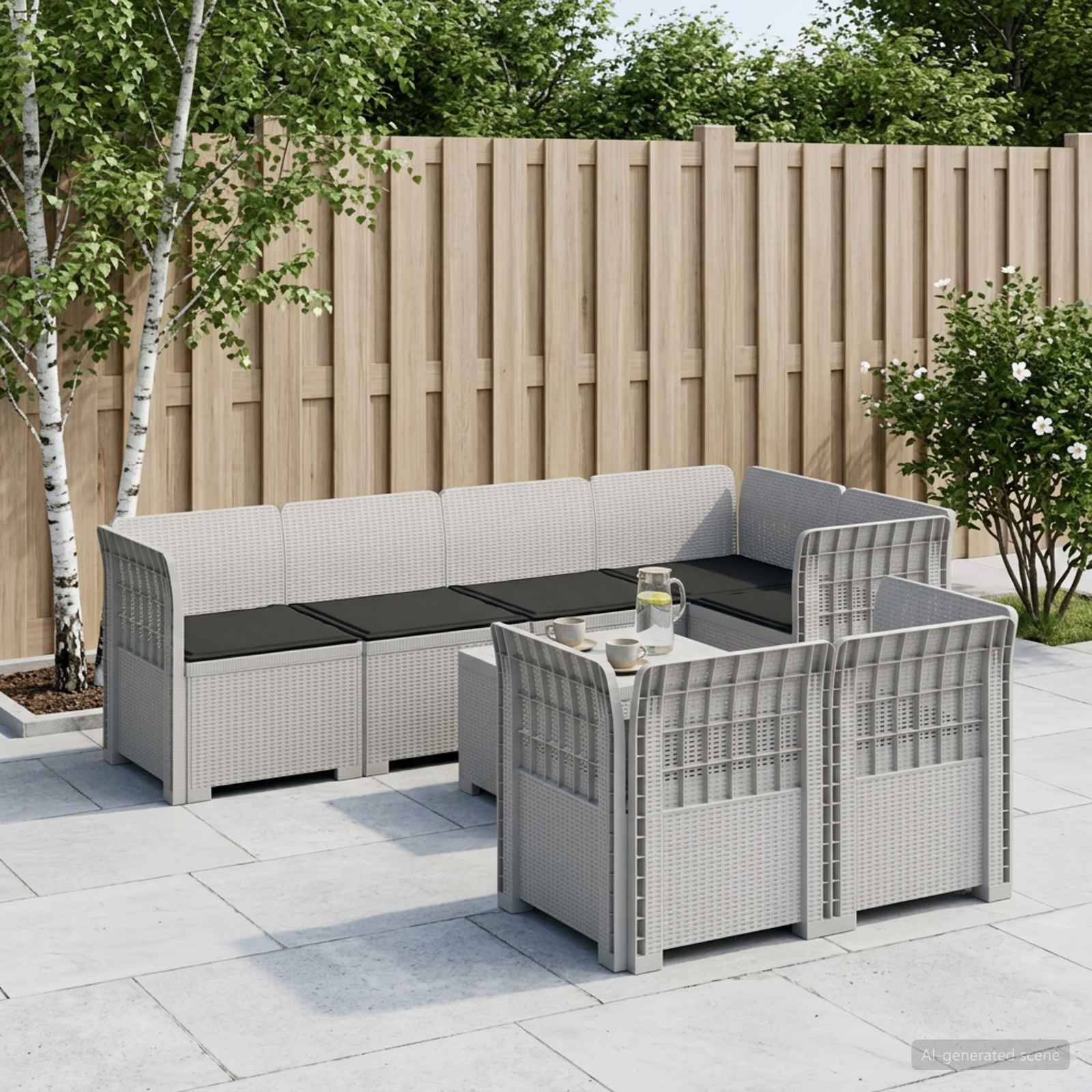 7-Sitzer Gartensofa mit Kissen Rattan-Look PP Weiß