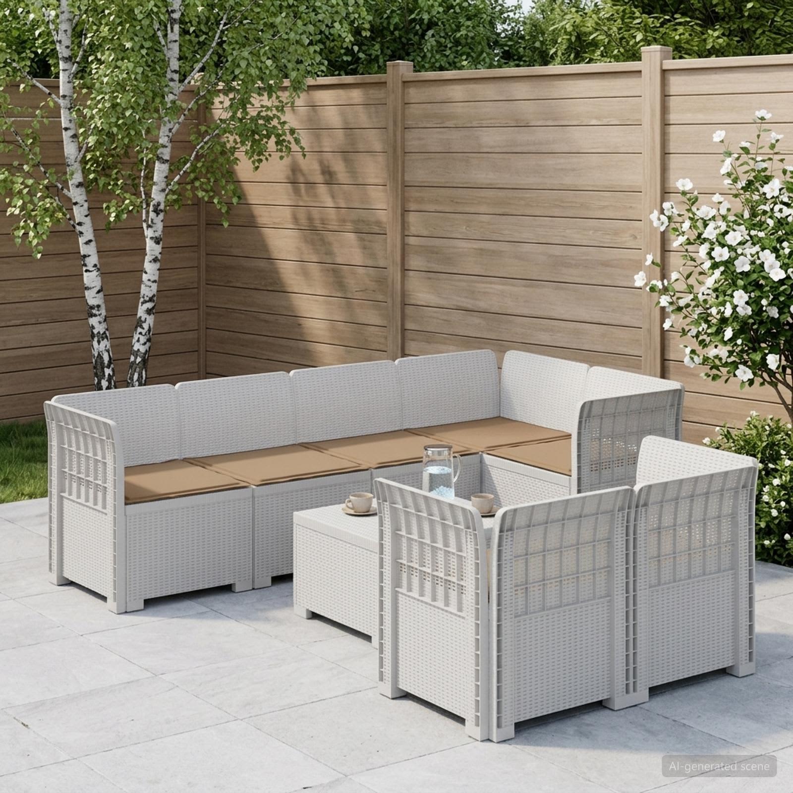 7-Sitzer Gartensofa mit Kissen Rattan-Look PP Weiß