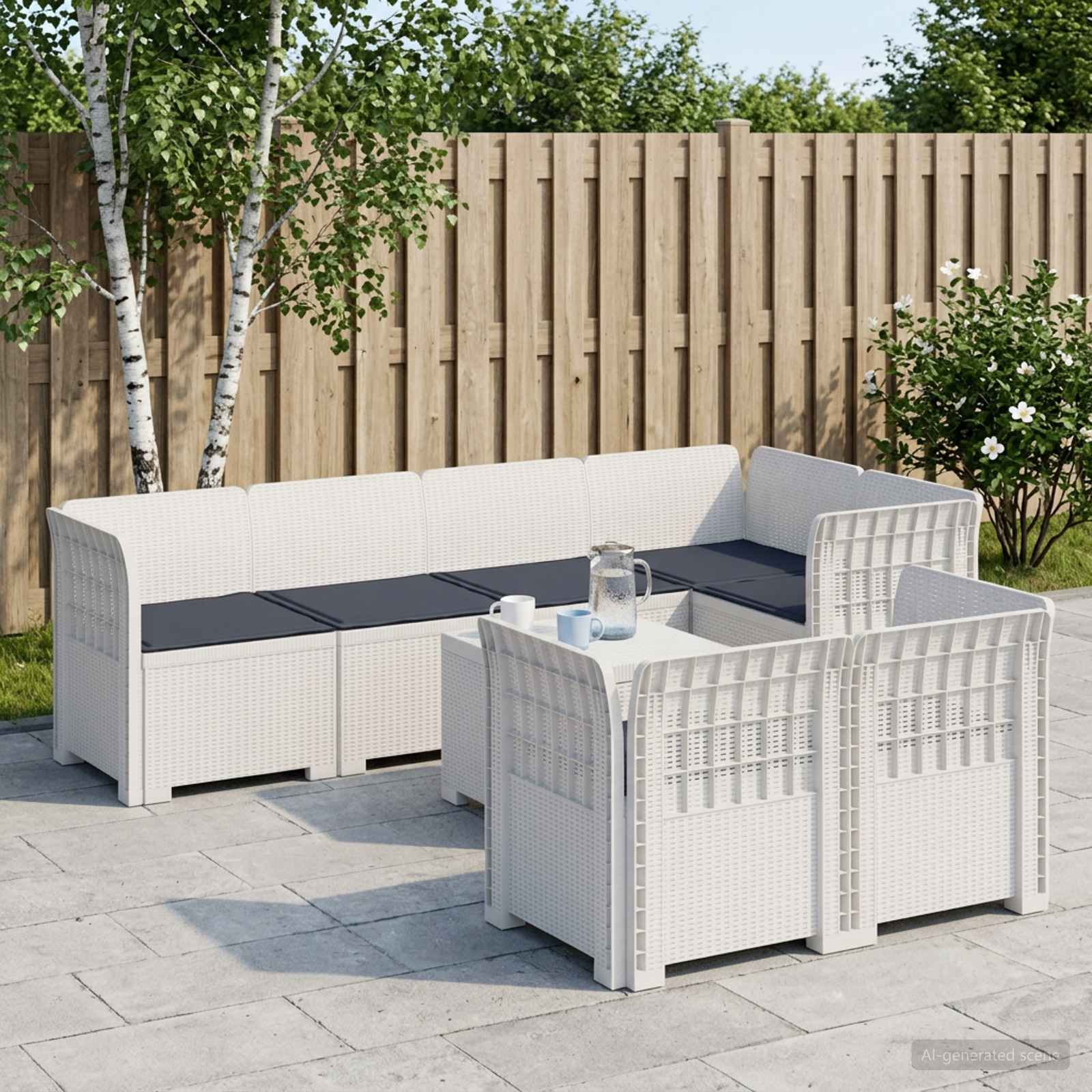 7-Sitzer Gartensofa mit Kissen Rattan-Look PP Weiß