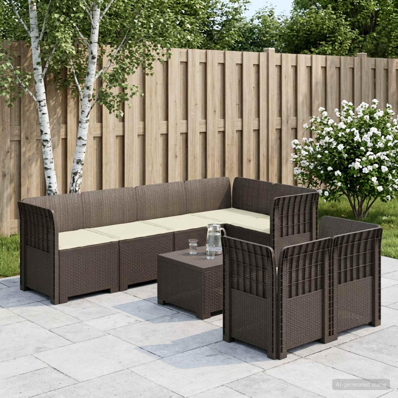 7-Sitzer Gartensofa mit Kissen Rattan-Look PP Hellgrau
