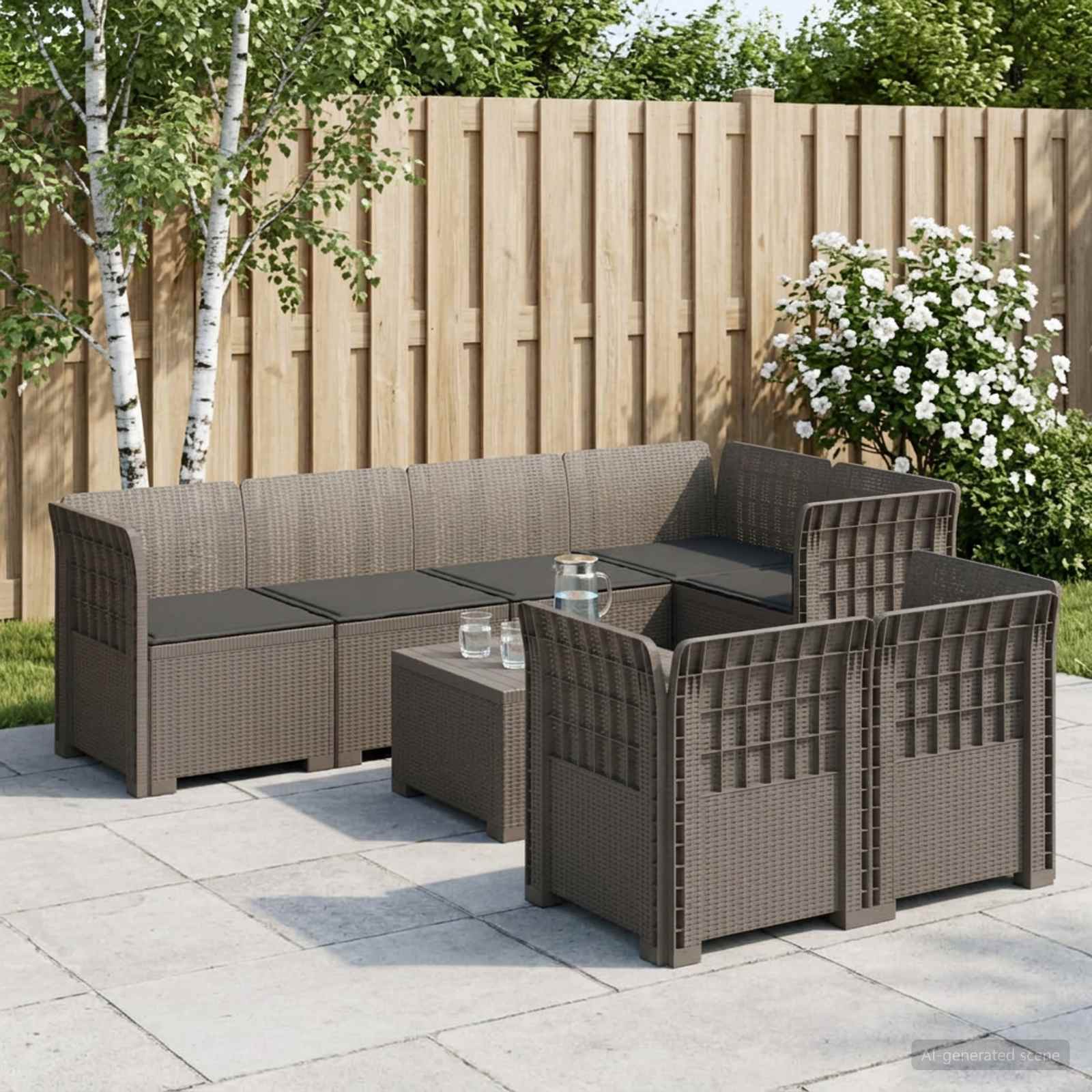 7-Sitzer Gartensofa mit Kissen Rattan-Look PP Hellgrau